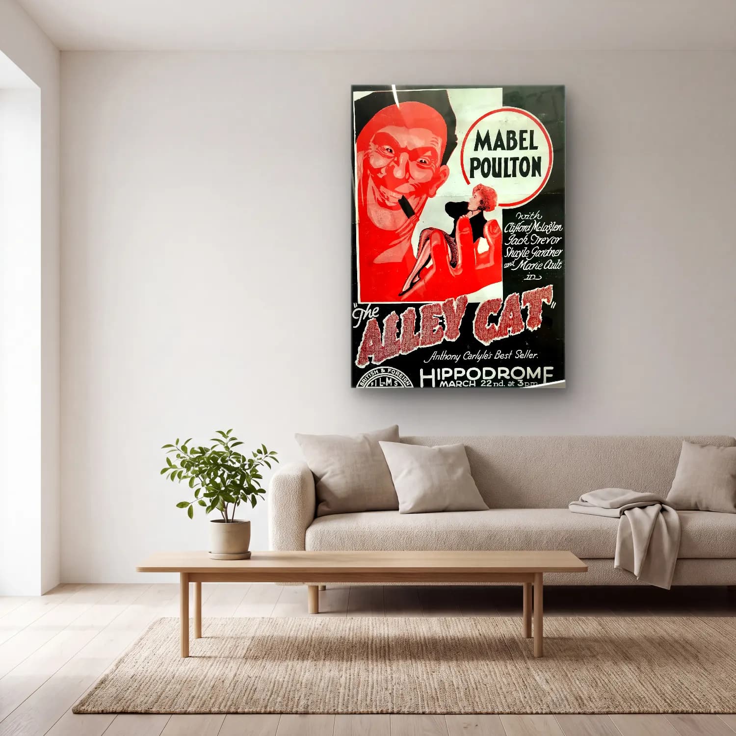 Vintage Poster Kedi No. 9 cam tablo — açık renk salonda