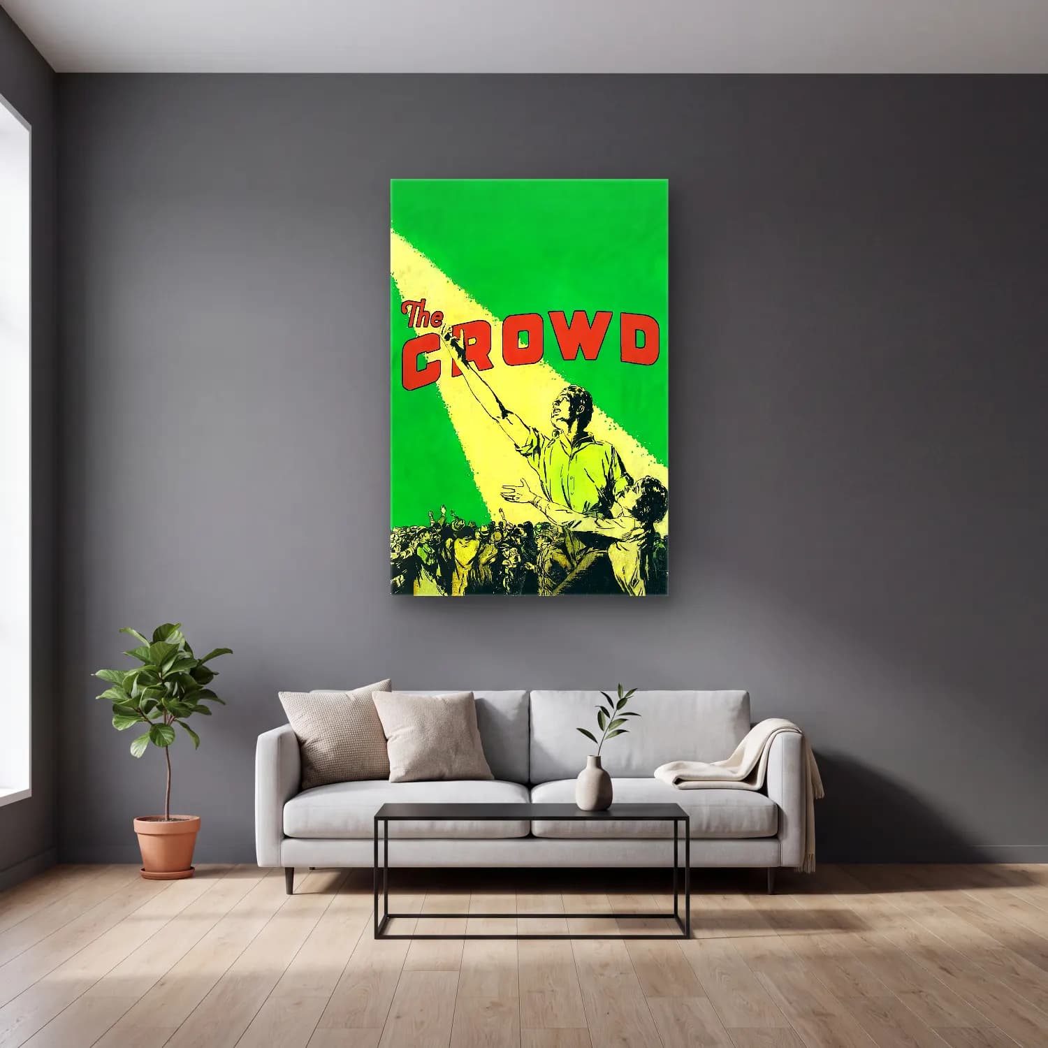 Vintage Poster Kalabalık Cadde No. 5 cam tablo — gri duvarlı salonda