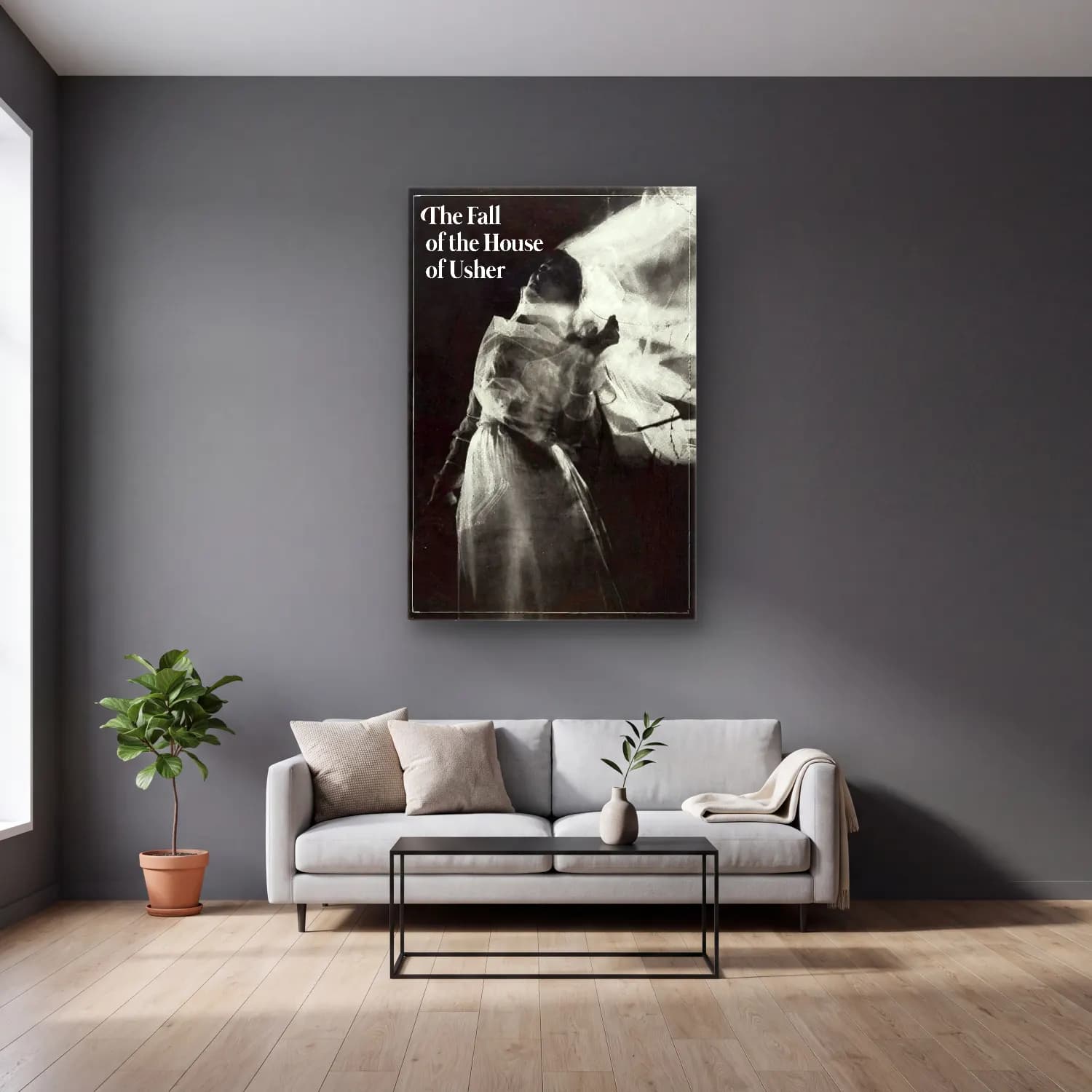 Vintage Poster Elbiseli Kadın No. 42 cam tablo — gri duvarlı salonda