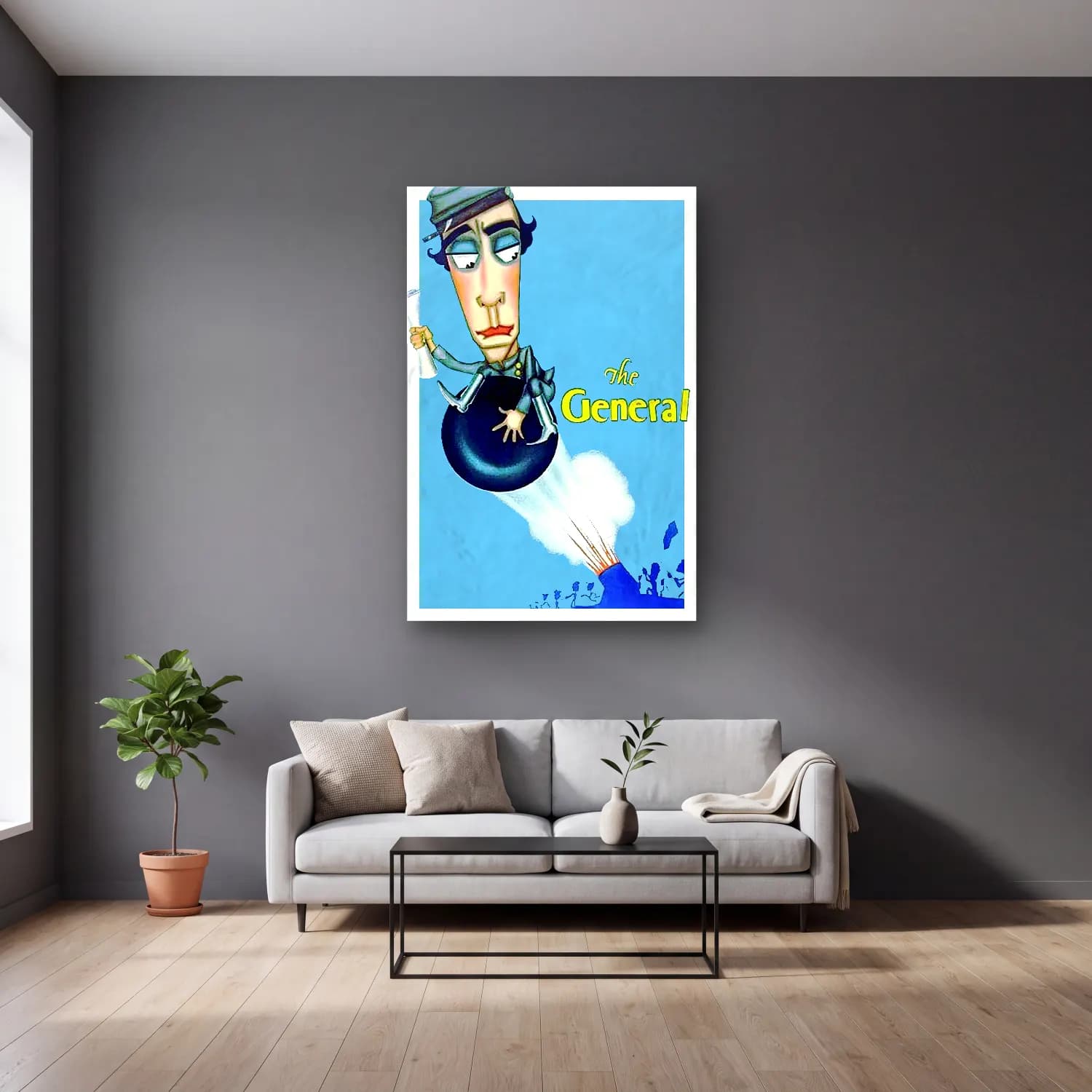 Vintage Poster Astronot – Mavi Tonlar cam tablo — gri duvarlı salonda