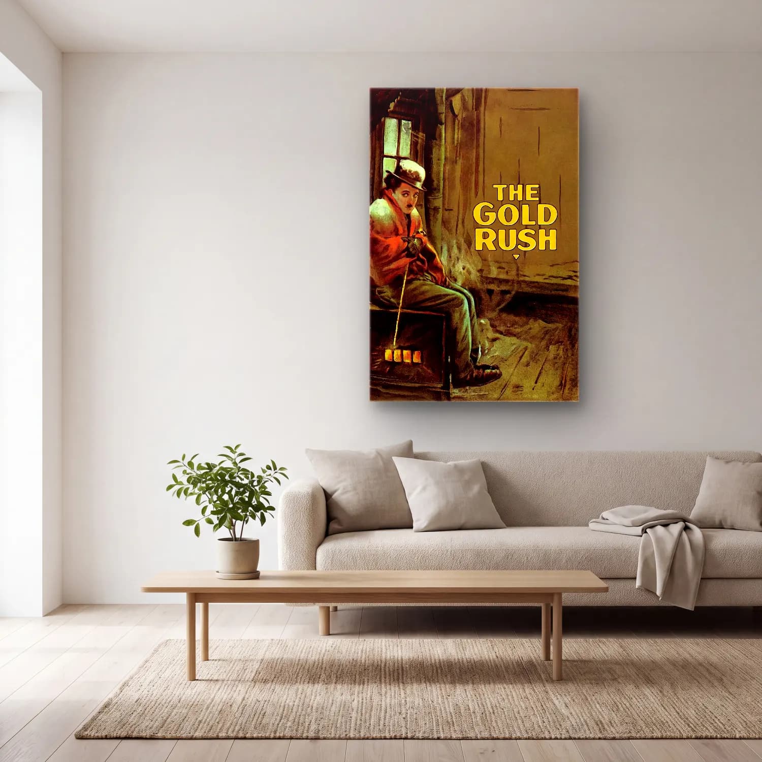 Vintage Poster Altın Doku cam tablo — açık renk salonda