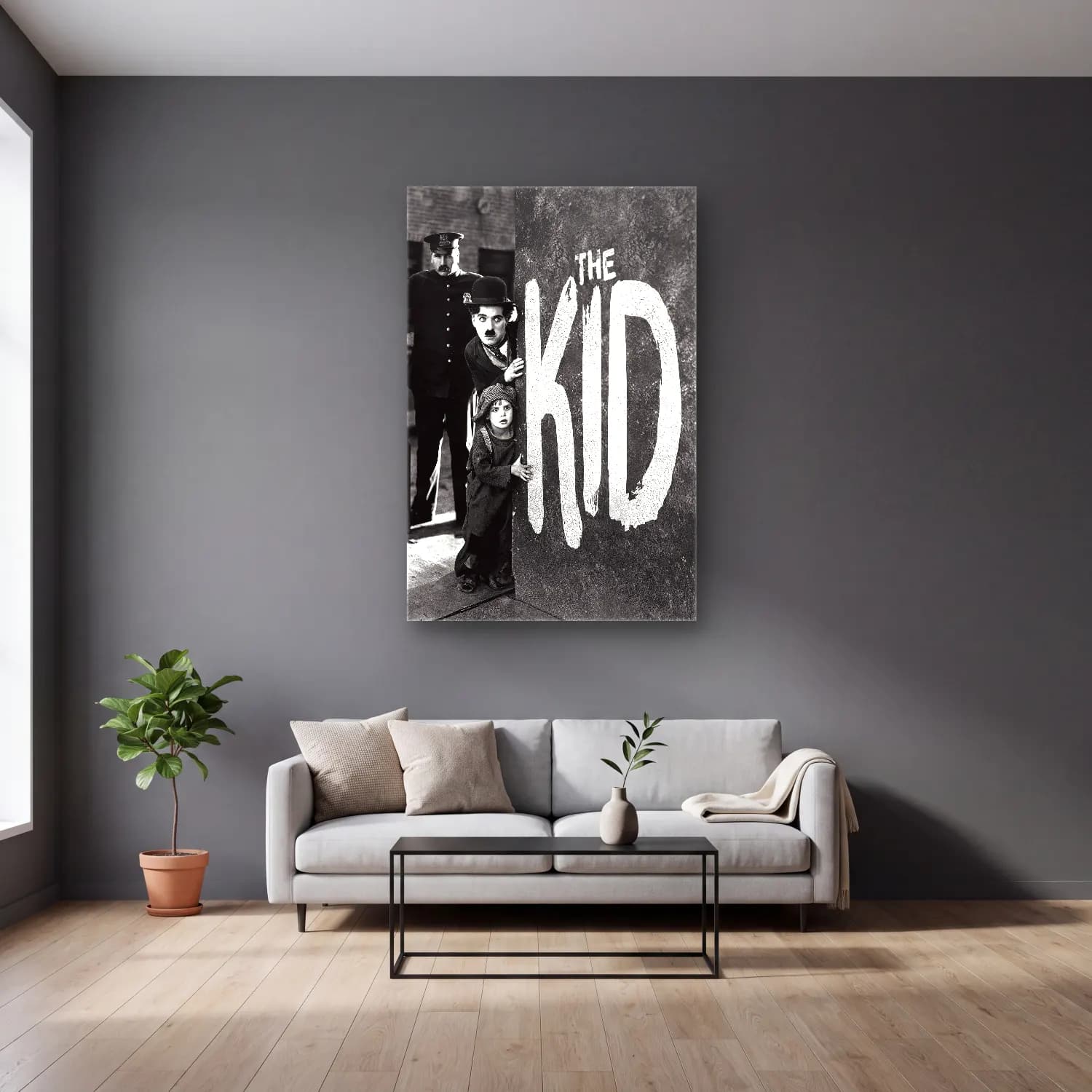Vintage Poster Kalabalık Cadde No. 6 cam tablo — gri duvarlı salonda