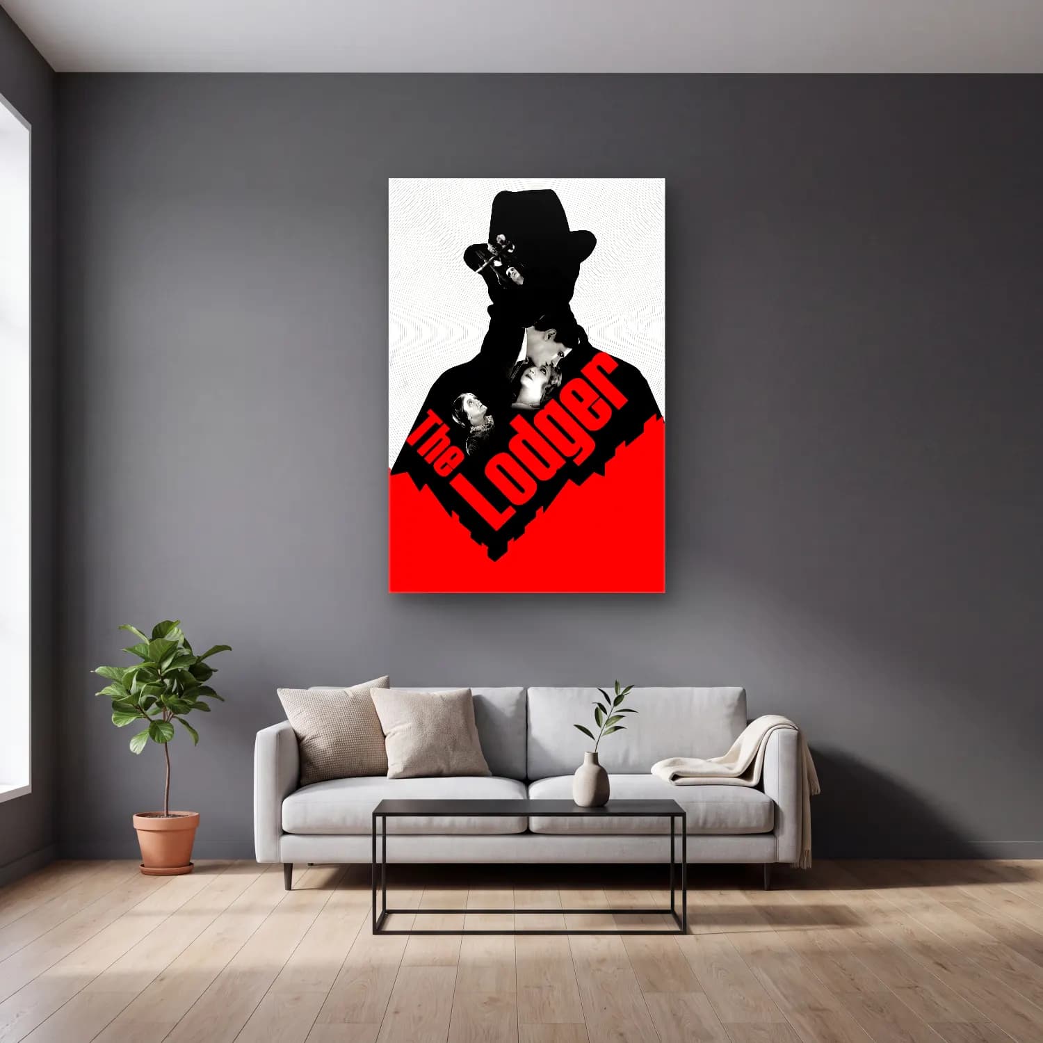 Vintage Poster Yazılı Tasarım No. 68 cam tablo — gri duvarlı salonda