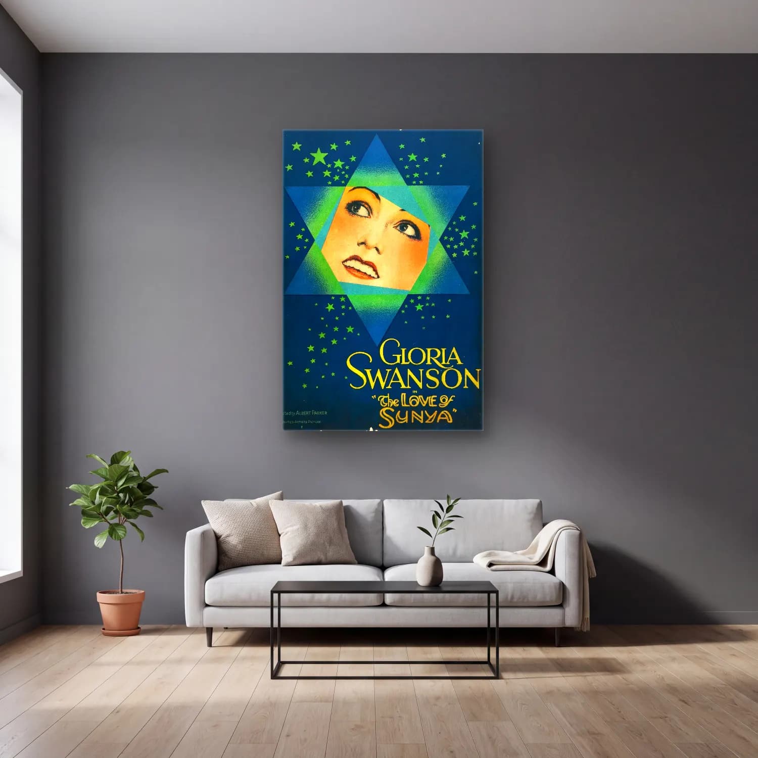 Vintage Poster Şapkalı Kadın No. 17 cam tablo — gri duvarlı salonda