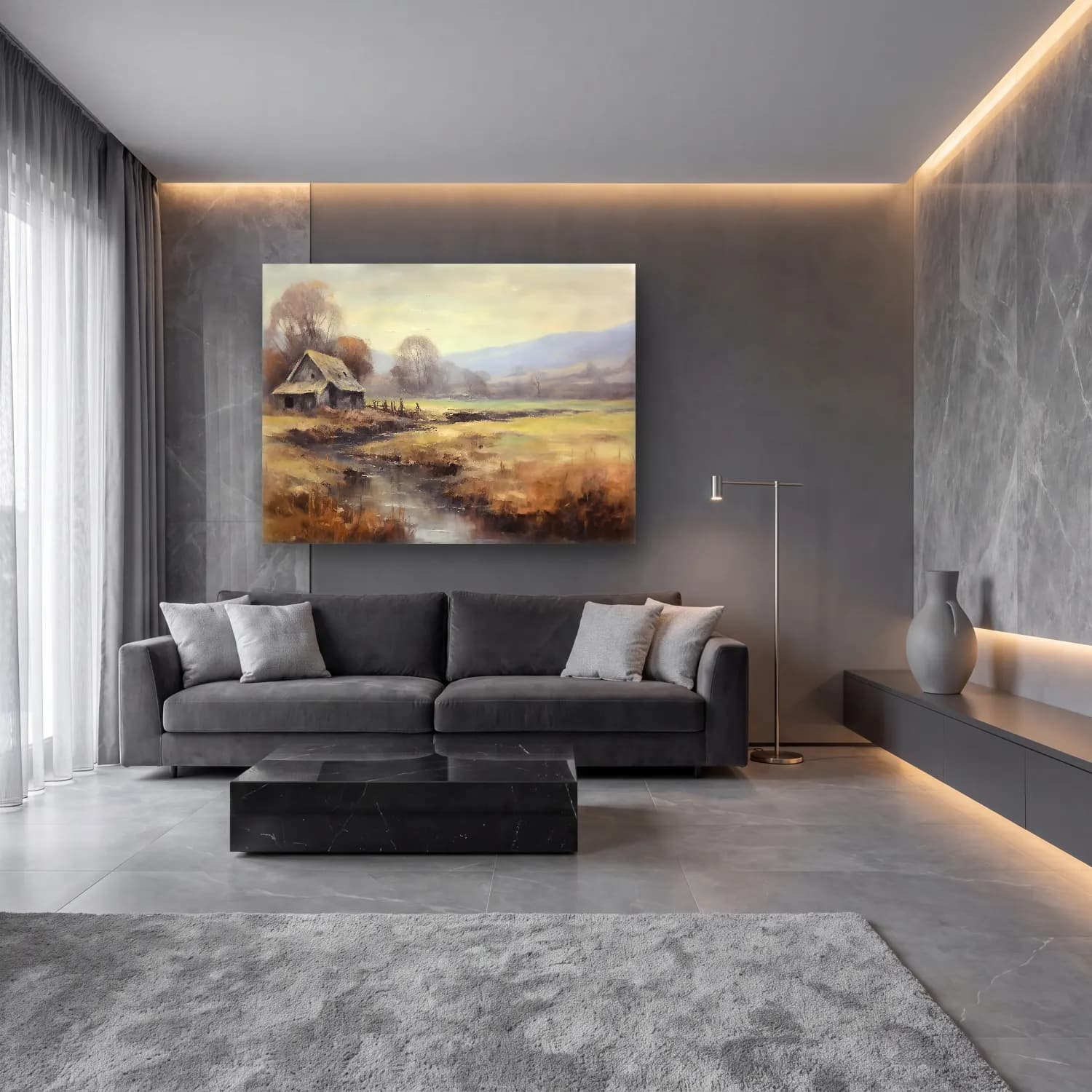 Yağlı Boya Kır Evi No. 70 cam tablo — lüks salon duvarında