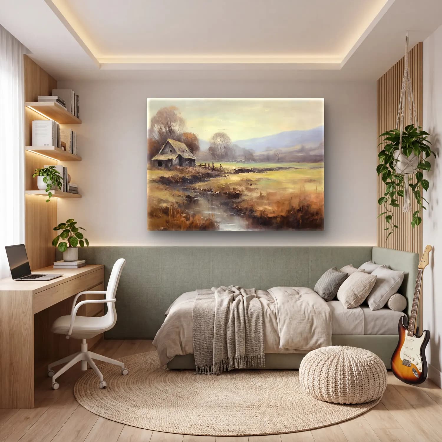 Yağlı Boya Kır Evi No. 70 cam tablo — genç odasında