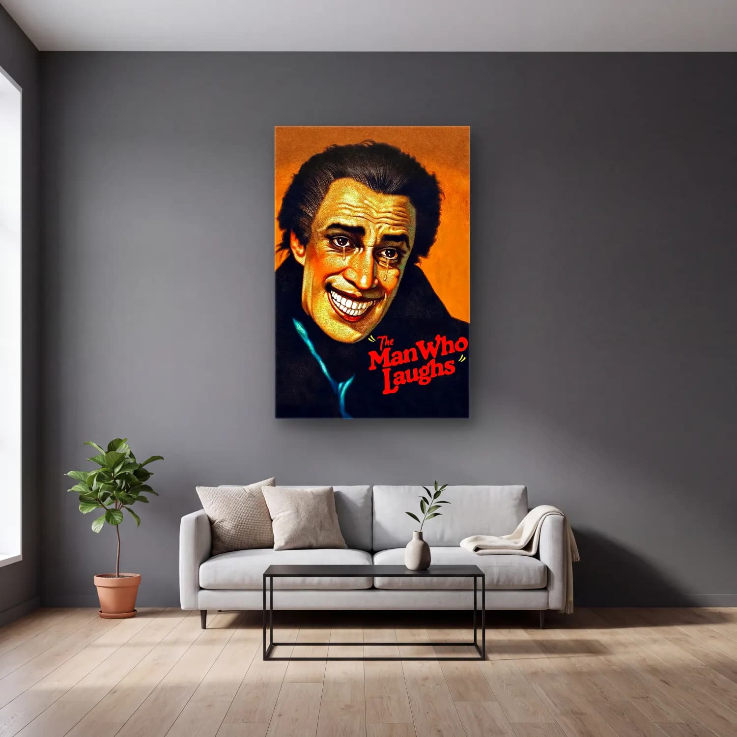 Vintage Poster Erkek Portresi No. 16 cam tablo — gri duvarlı salonda