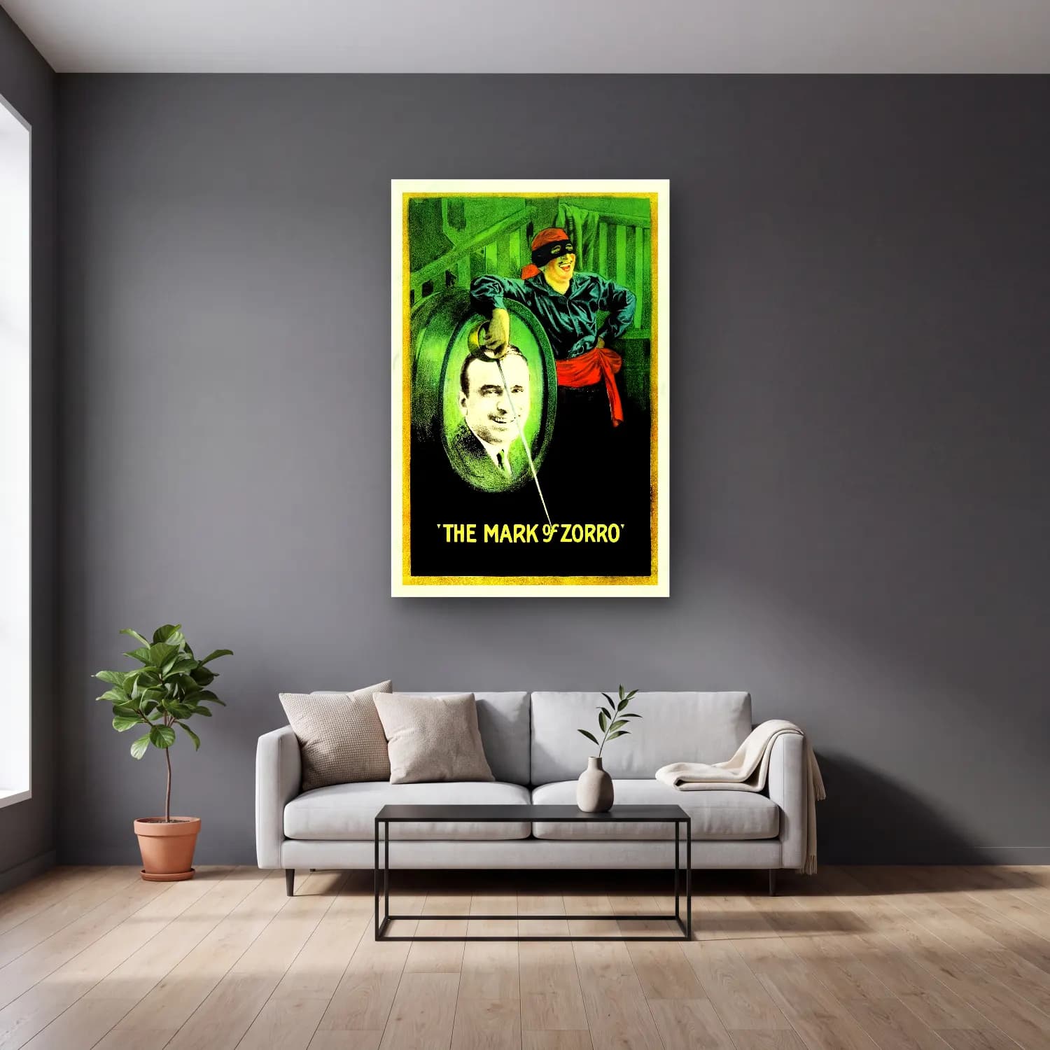 Vintage Poster Erkek Portresi No. 17 cam tablo — gri duvarlı salonda