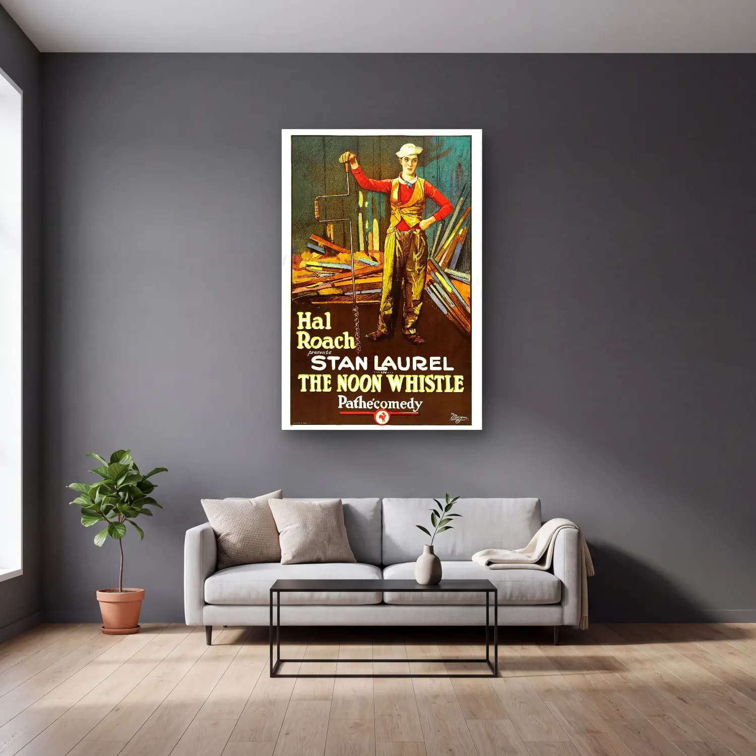 Vintage Poster Vintage İç Mekân – Sarı Tonlar cam tablo — gri duvarlı salonda