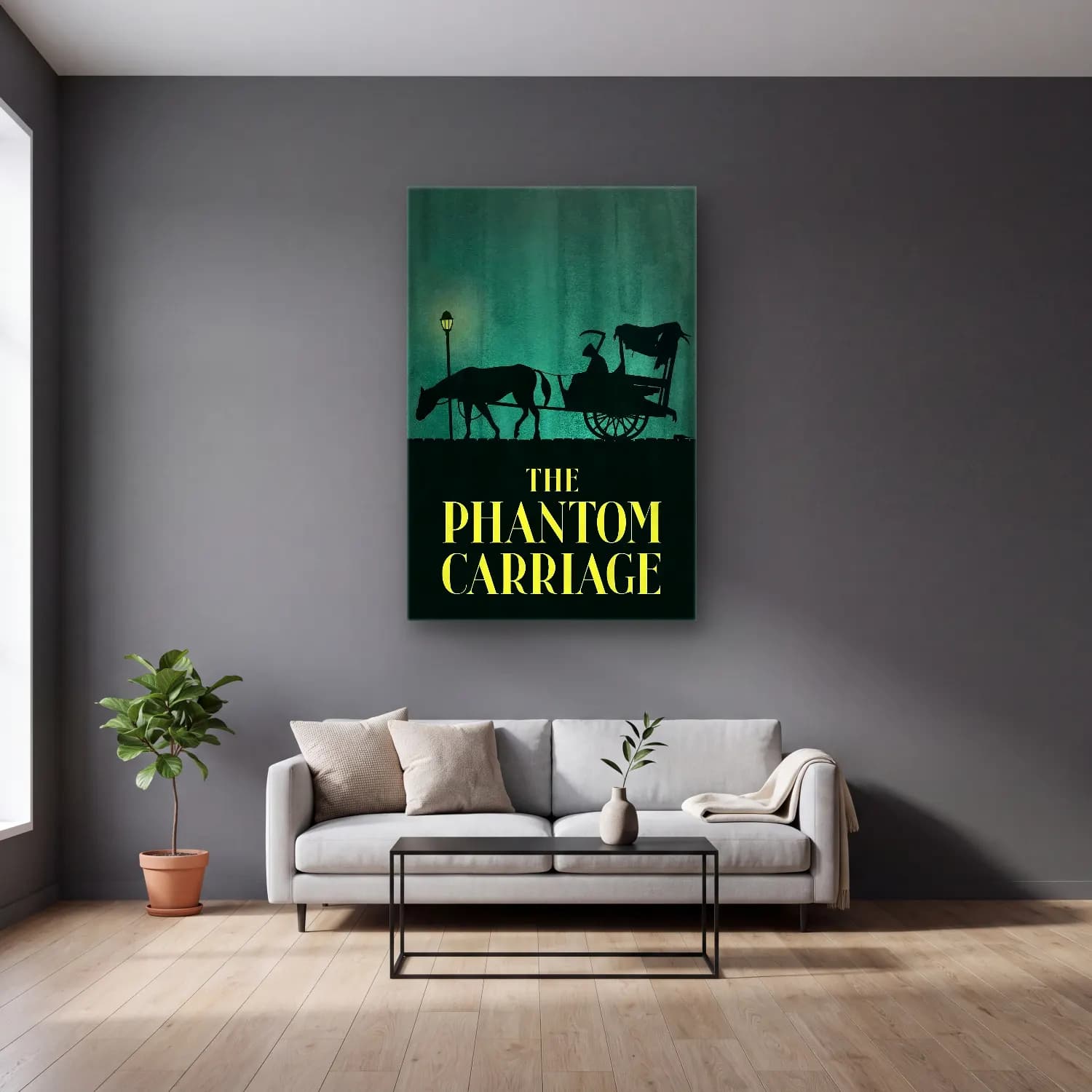 Vintage Poster Piyano – Turkuaz Tonlar cam tablo — gri duvarlı salonda