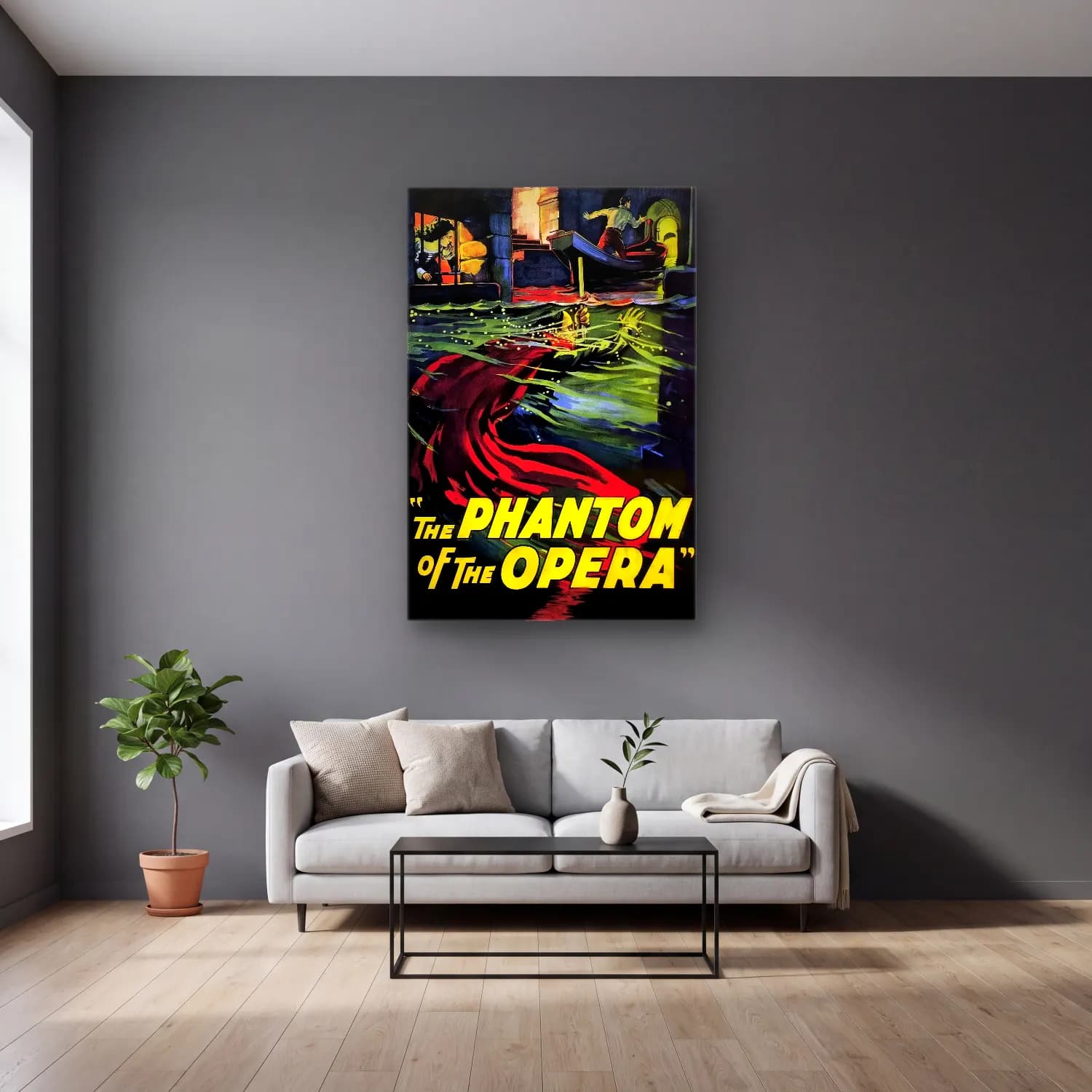 Vintage Poster Piyano No. 10 cam tablo — gri duvarlı salonda