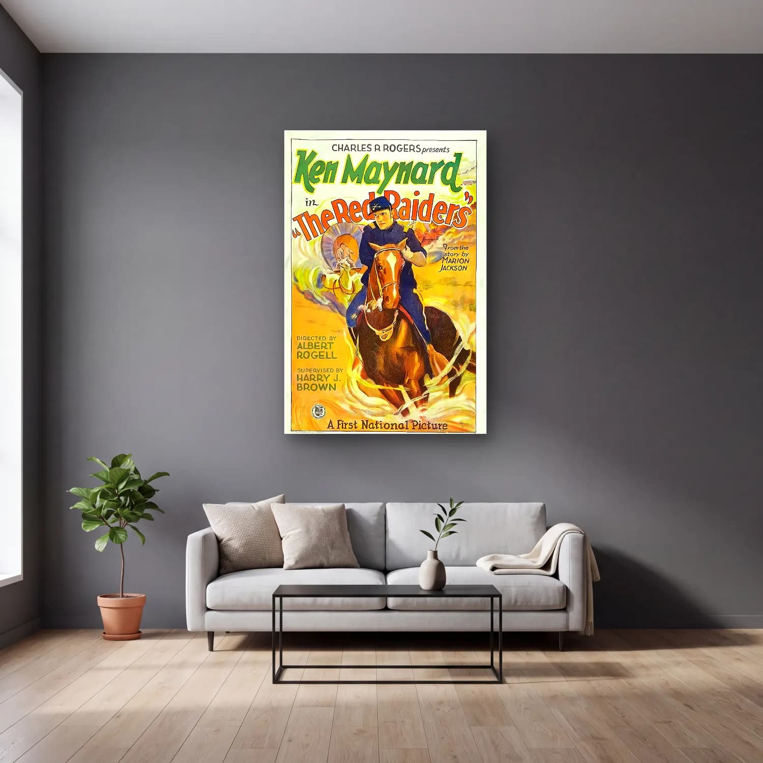 Vintage Poster Atlı No. 7 cam tablo — gri duvarlı salonda