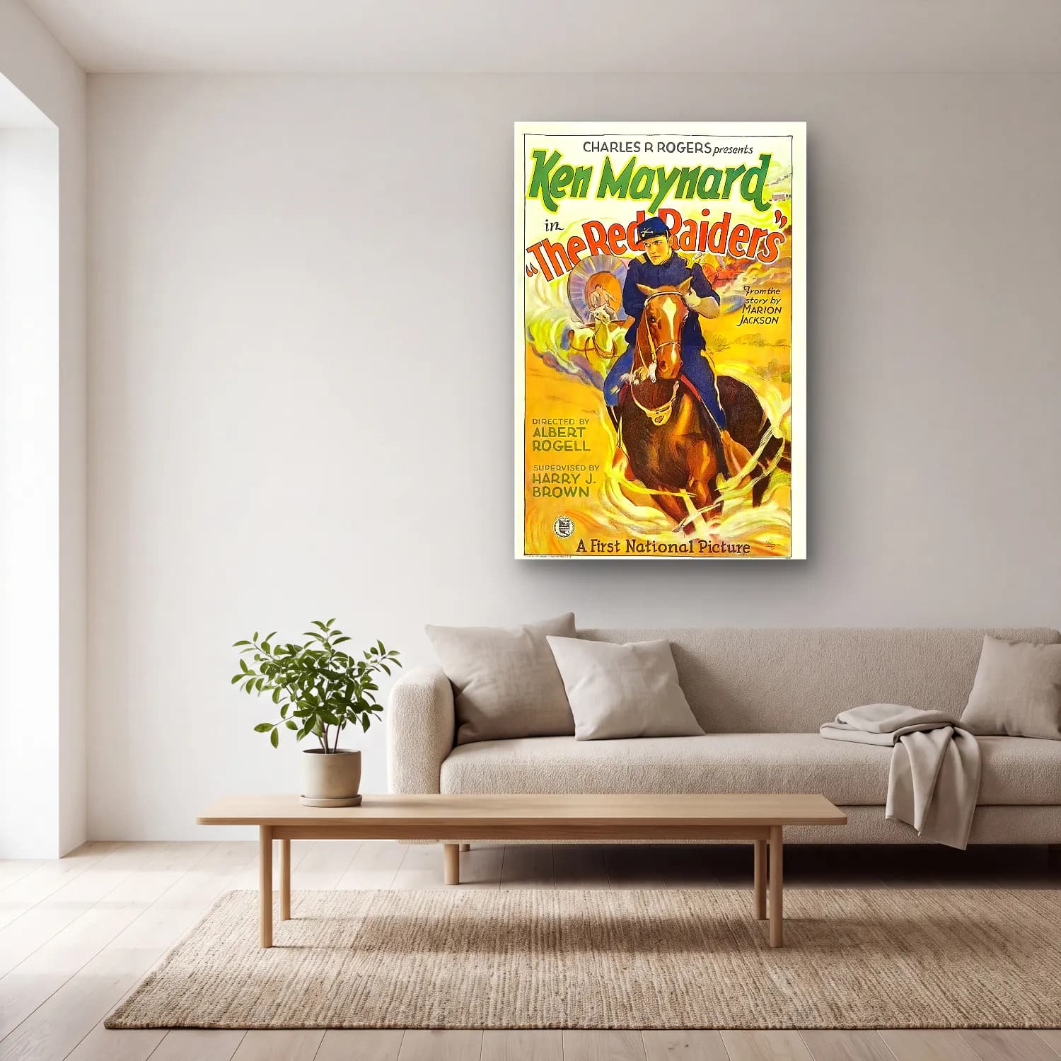 Vintage Poster Atlı No. 7 cam tablo — açık renk salonda