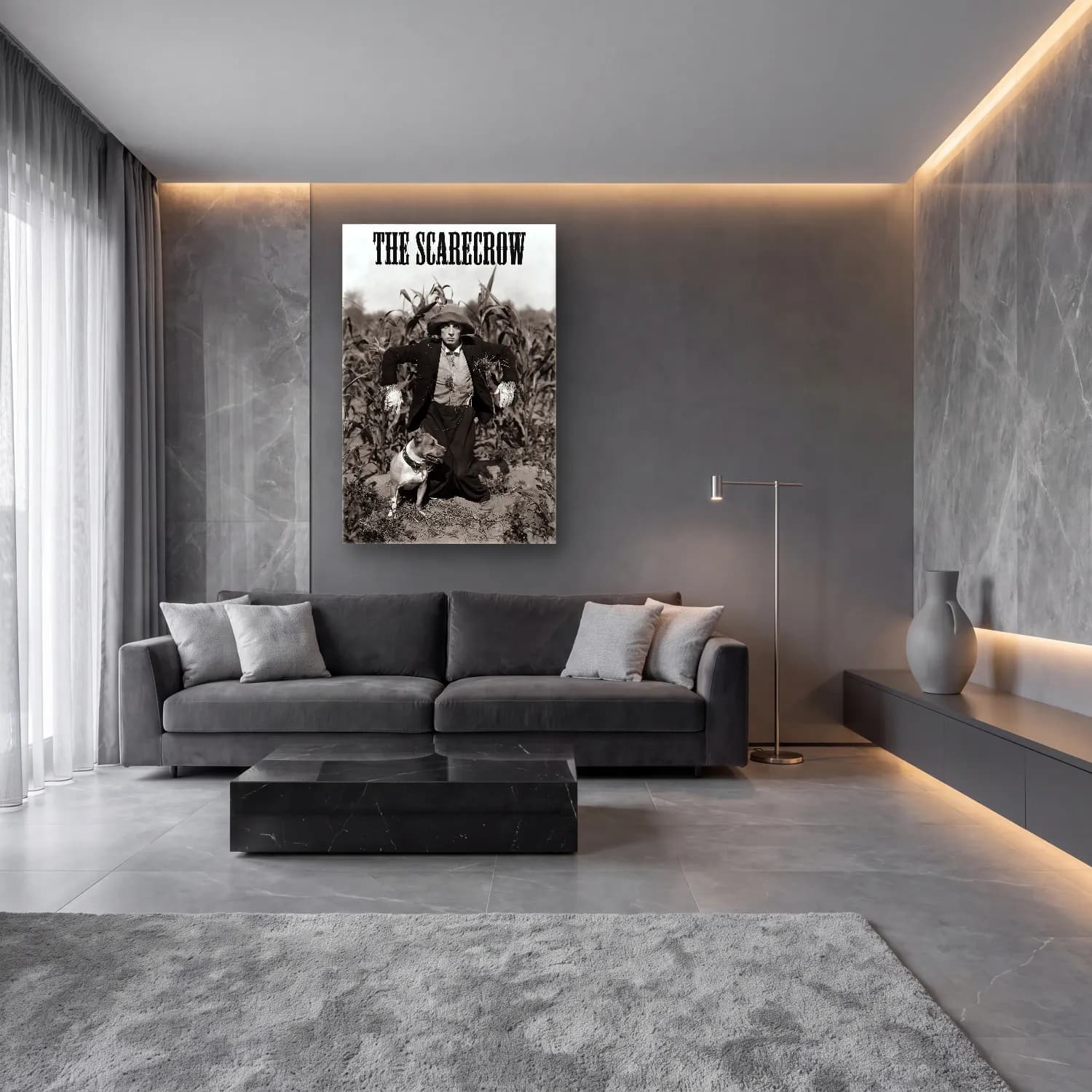 Siyah Beyaz Buğday Tarlası cam tablo — lüks salon duvarında