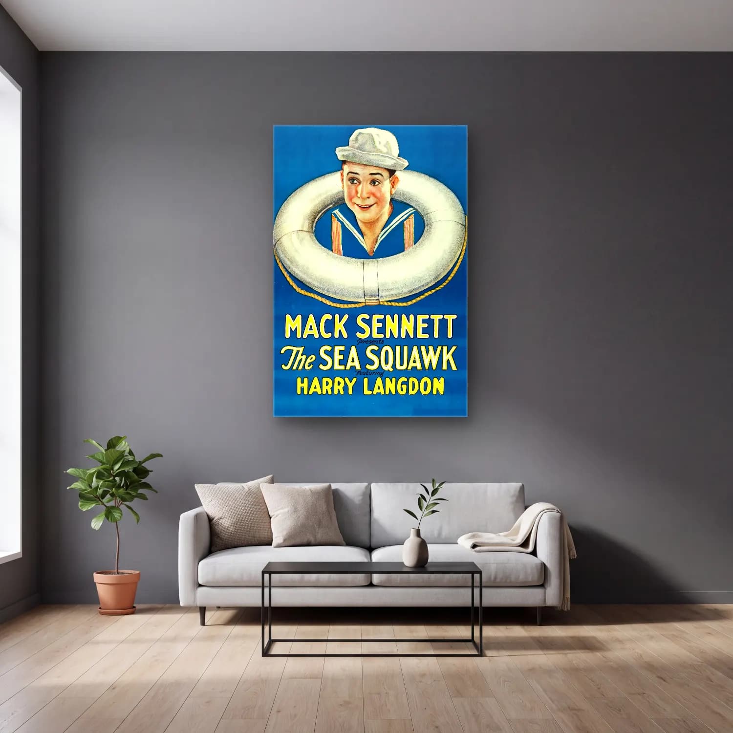 Vintage Poster Yelken Yarışı – Sarı Tonlar cam tablo — gri duvarlı salonda