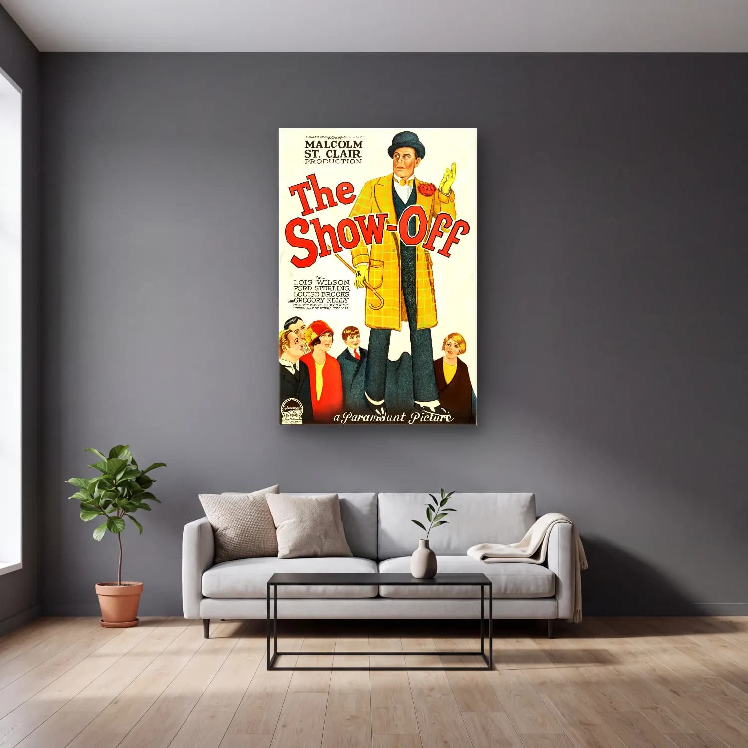 Vintage Poster Yazılı Tasarım No. 69 cam tablo — gri duvarlı salonda