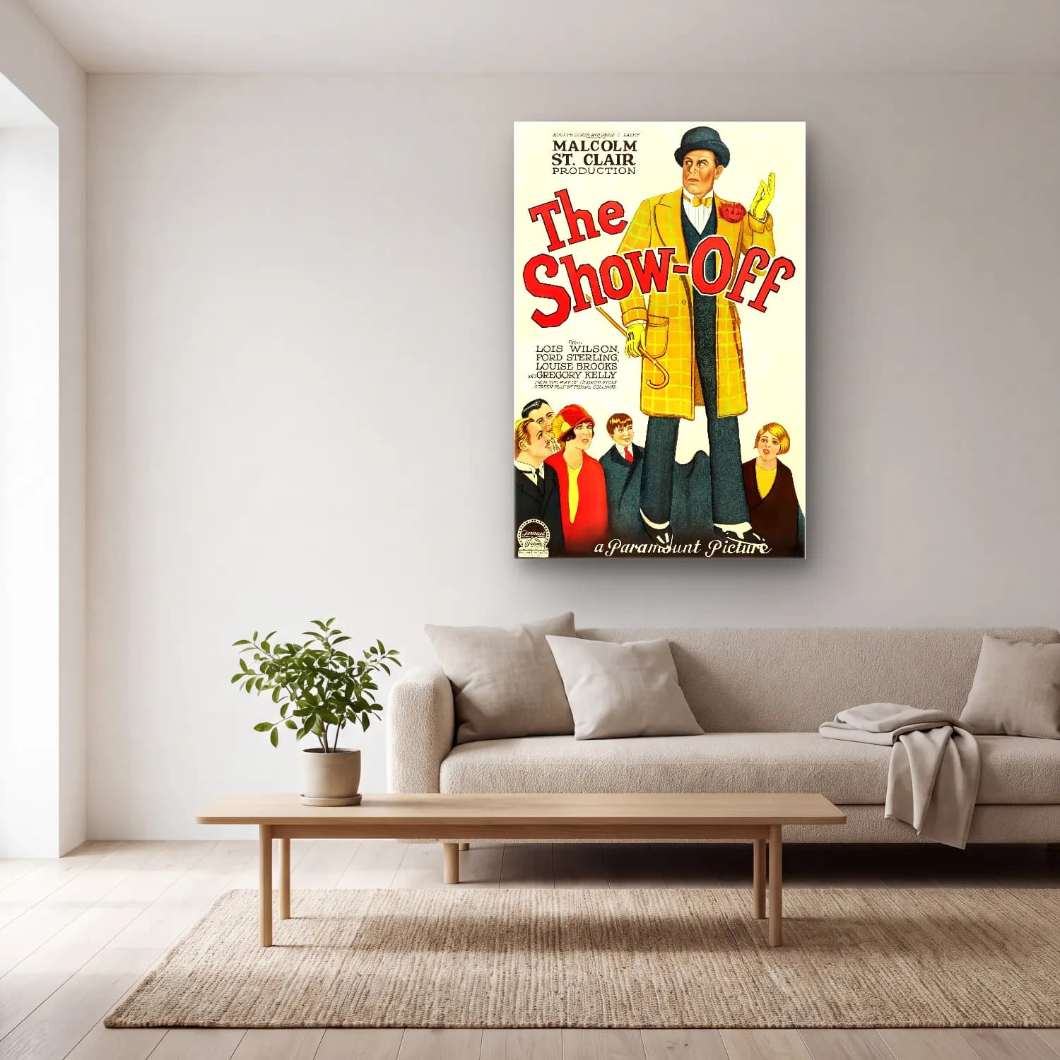 Vintage Poster Yazılı Tasarım No. 69 cam tablo — açık renk salonda