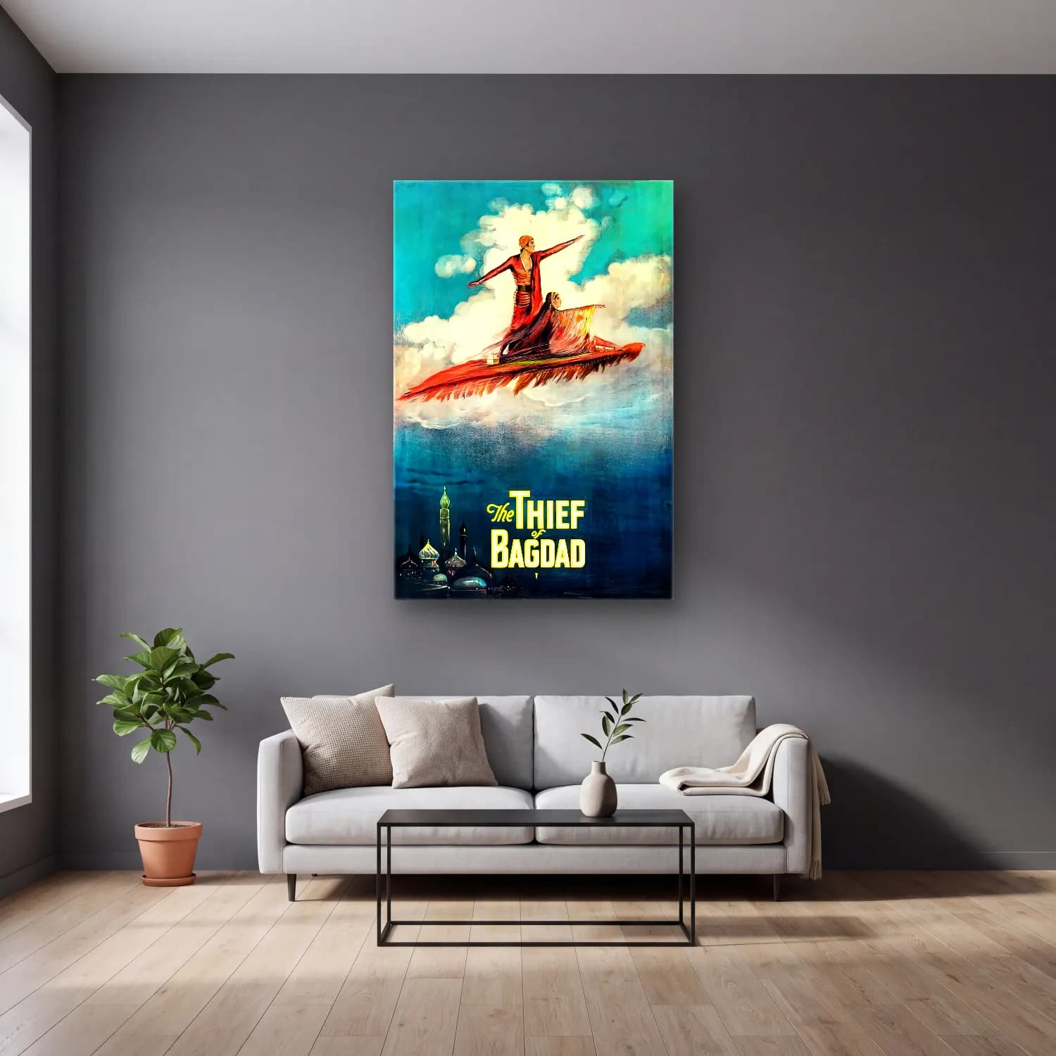 Vintage Poster Sörf cam tablo — gri duvarlı salonda