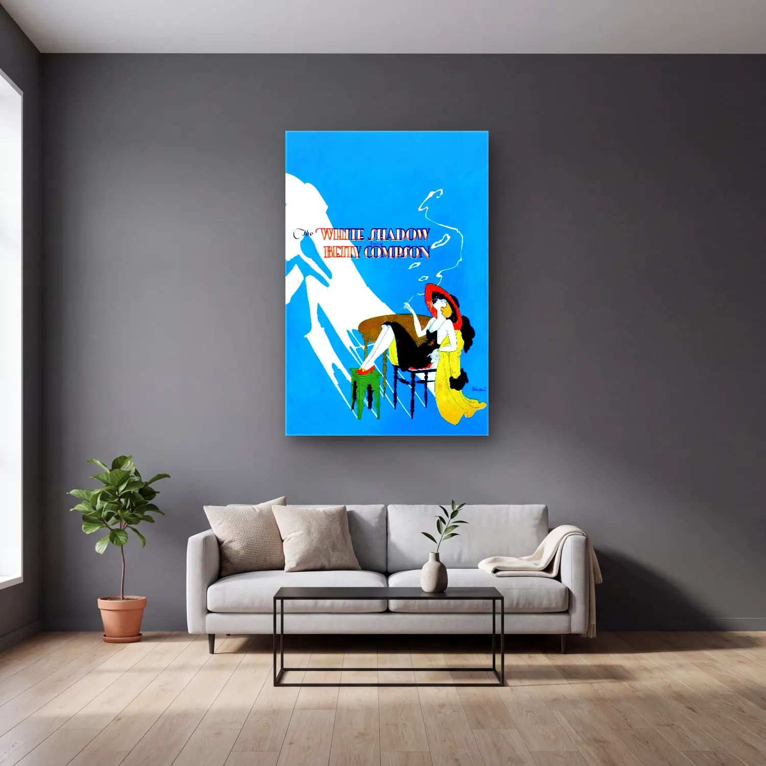 Vintage Poster Kadın Silueti cam tablo — gri duvarlı salonda