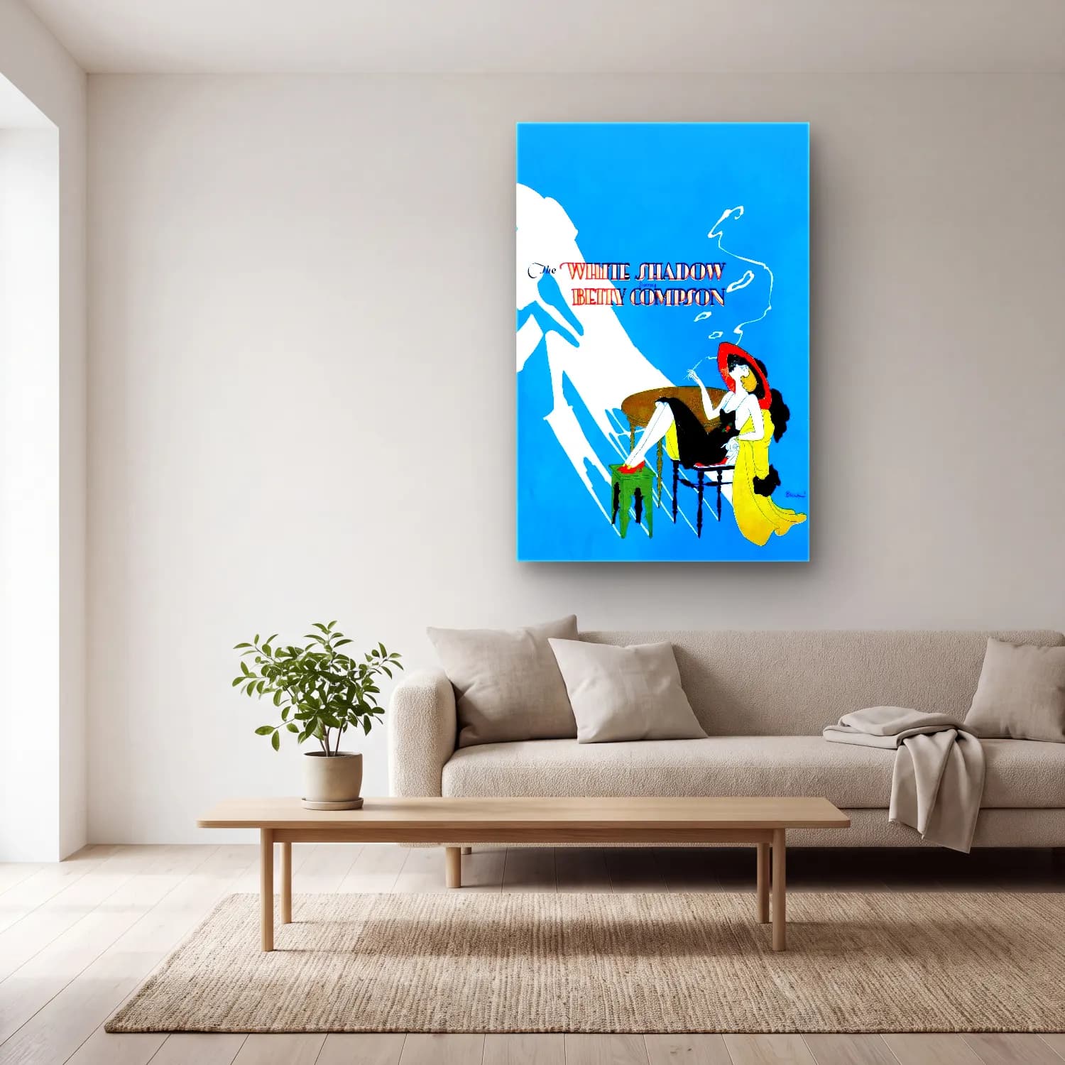 Vintage Poster Kadın Silueti cam tablo — açık renk salonda