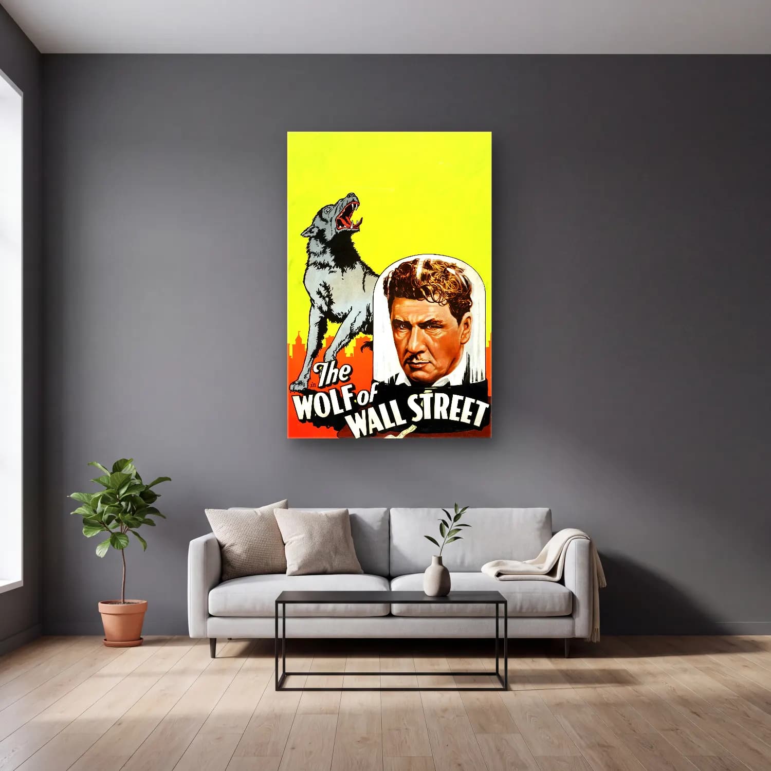 Vintage Poster Kurt – Siyah Beyaz Tonlar cam tablo — gri duvarlı salonda