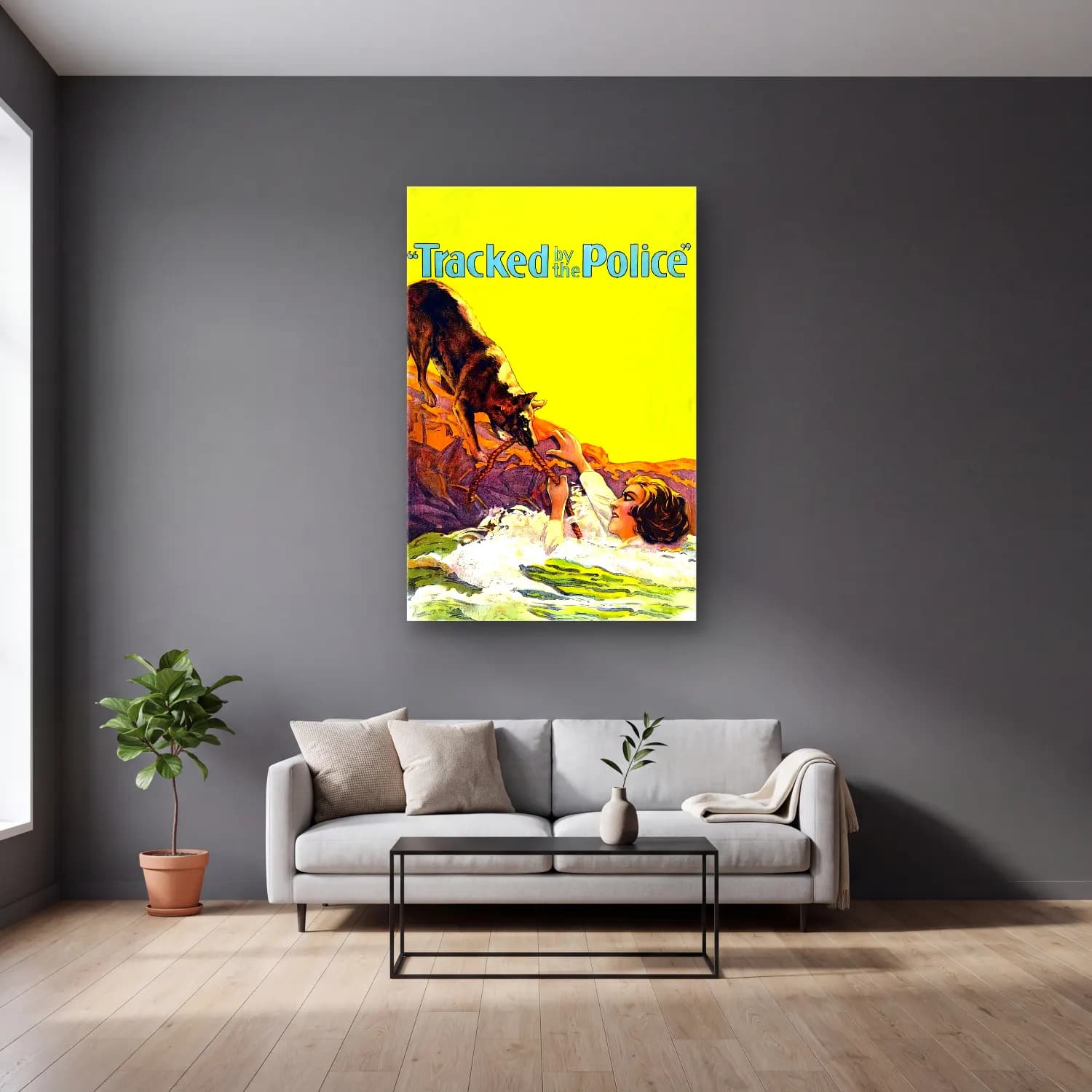 Vintage Poster Kurt – Sarı Tonlar cam tablo — gri duvarlı salonda