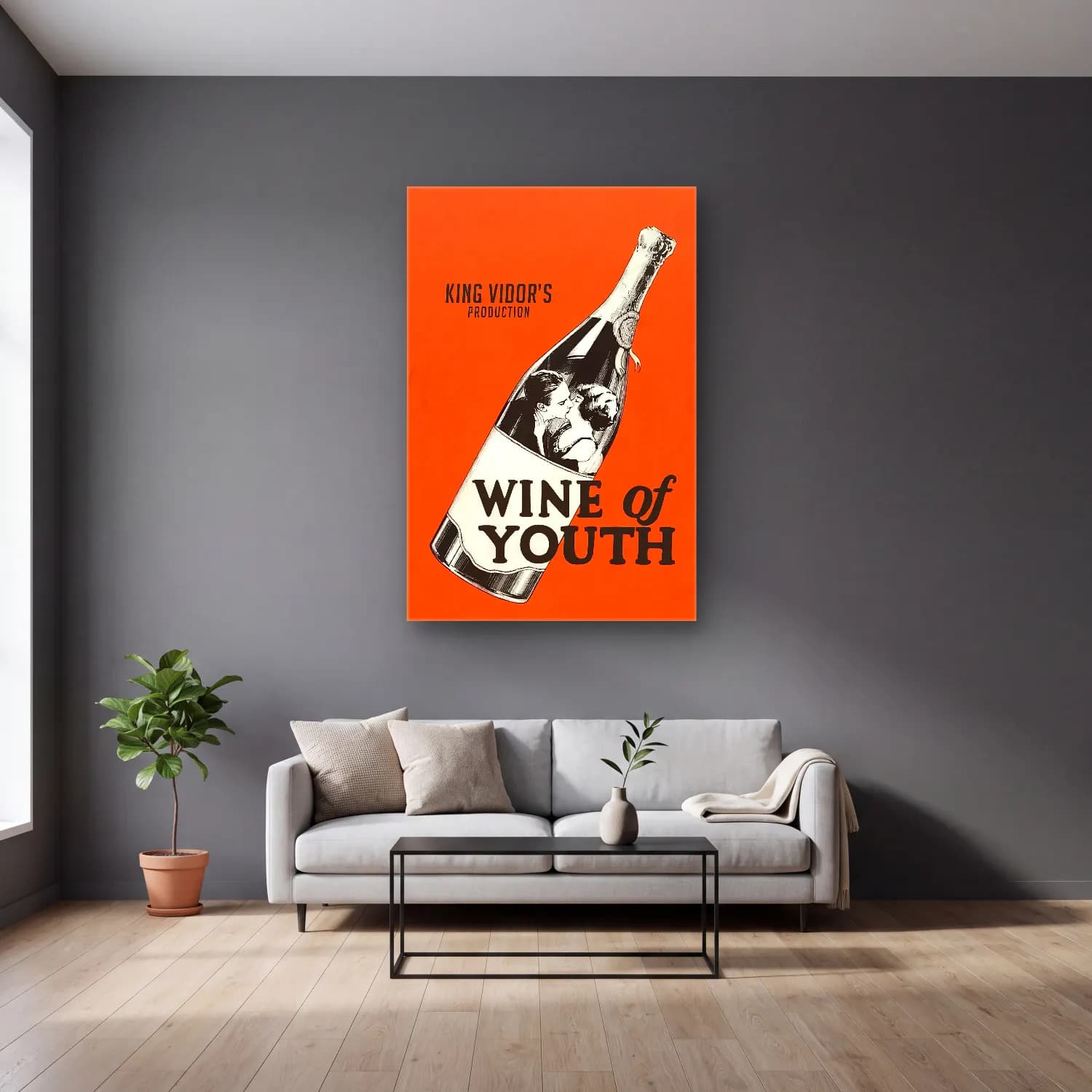Vintage Poster Kadeh Şarap No. 13 cam tablo — gri duvarlı salonda