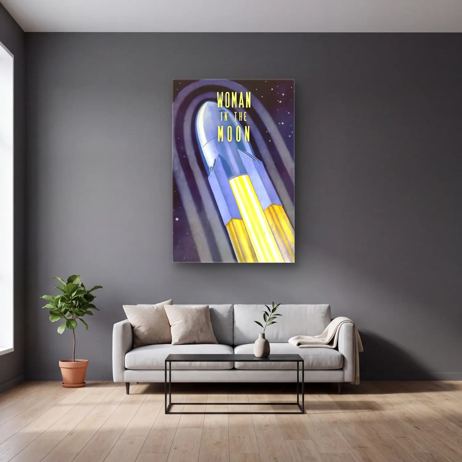 Vintage Poster Ay ve Gece – Sarı Tonlar cam tablo — gri duvarlı salonda