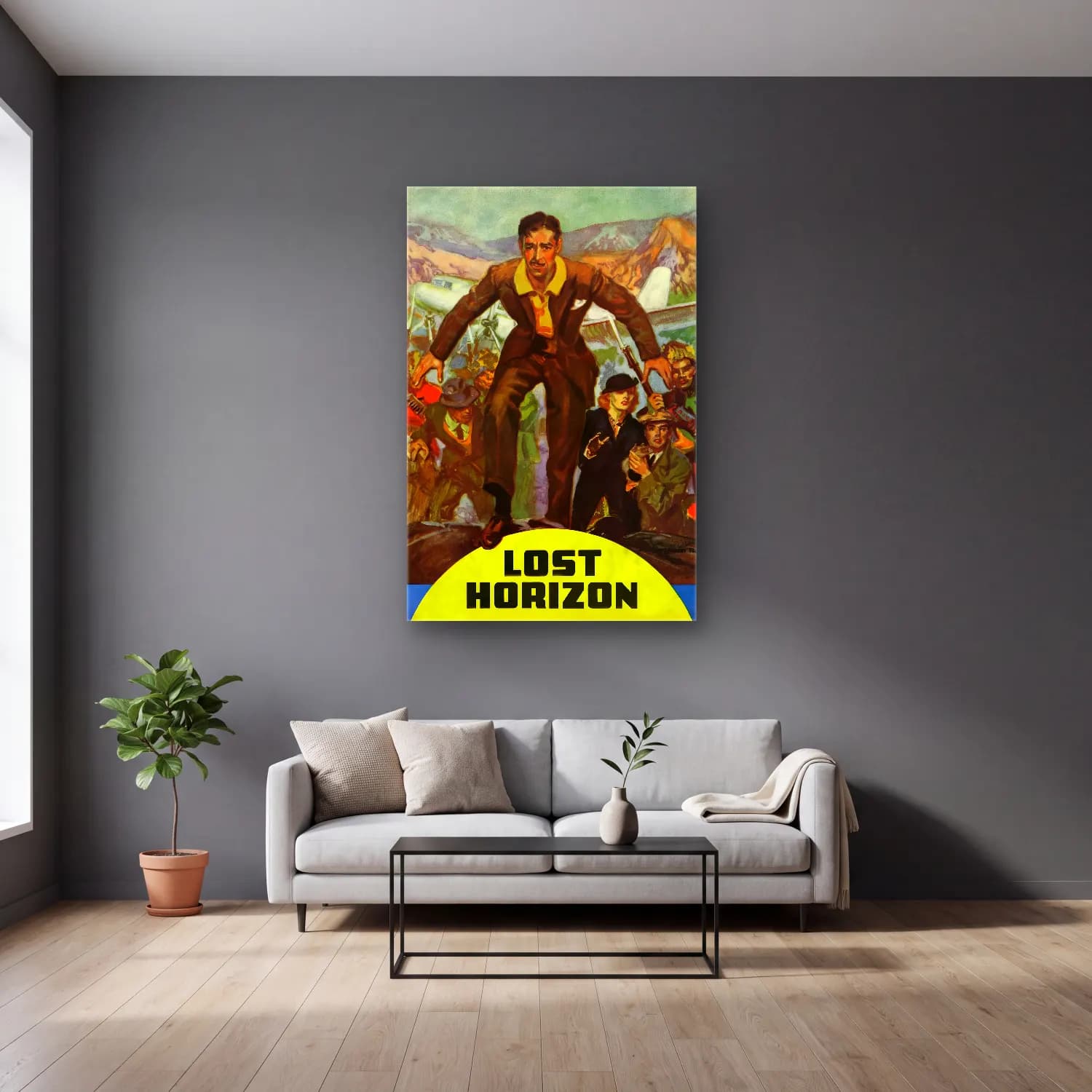 Vintage Poster Erkek Portresi No. 19 cam tablo — gri duvarlı salonda