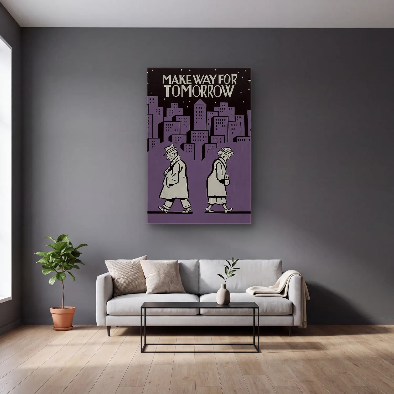 Vintage Poster Japon Şehri – Siyah Beyaz Tonlar cam tablo — gri duvarlı salonda