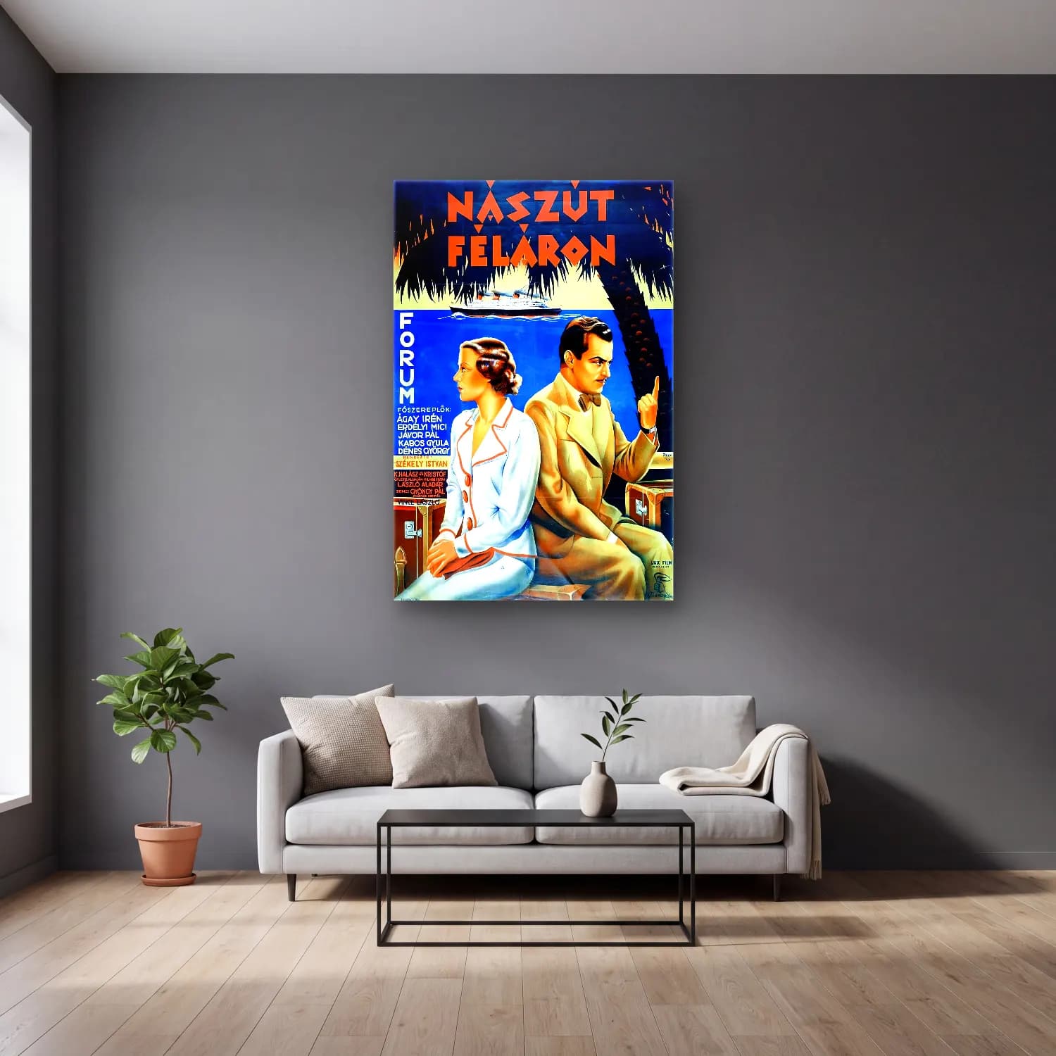 Vintage Poster Sahilde İnsanlar No. 6 cam tablo — gri duvarlı salonda