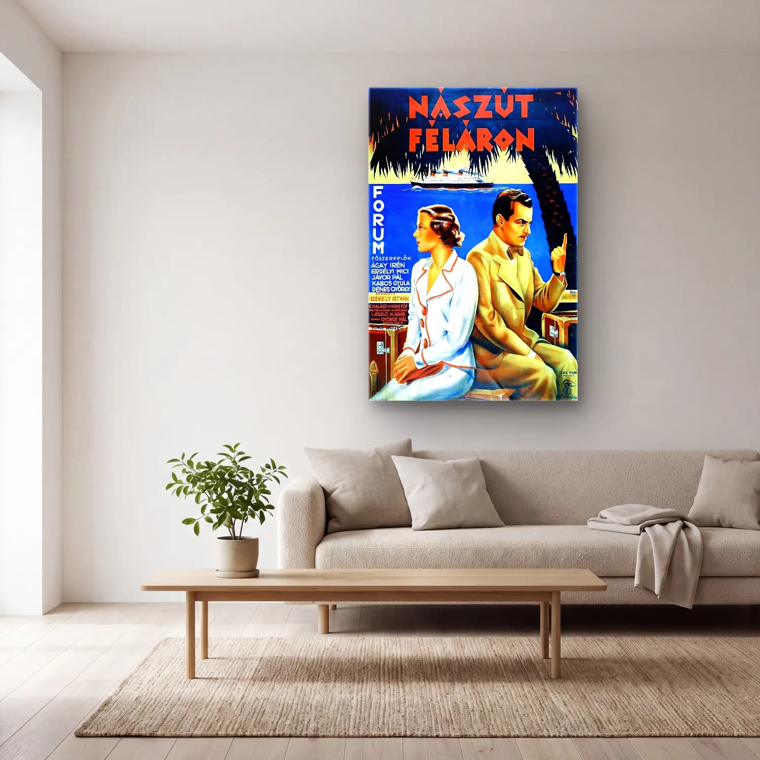 Vintage Poster Sahilde İnsanlar No. 6 cam tablo — açık renk salonda
