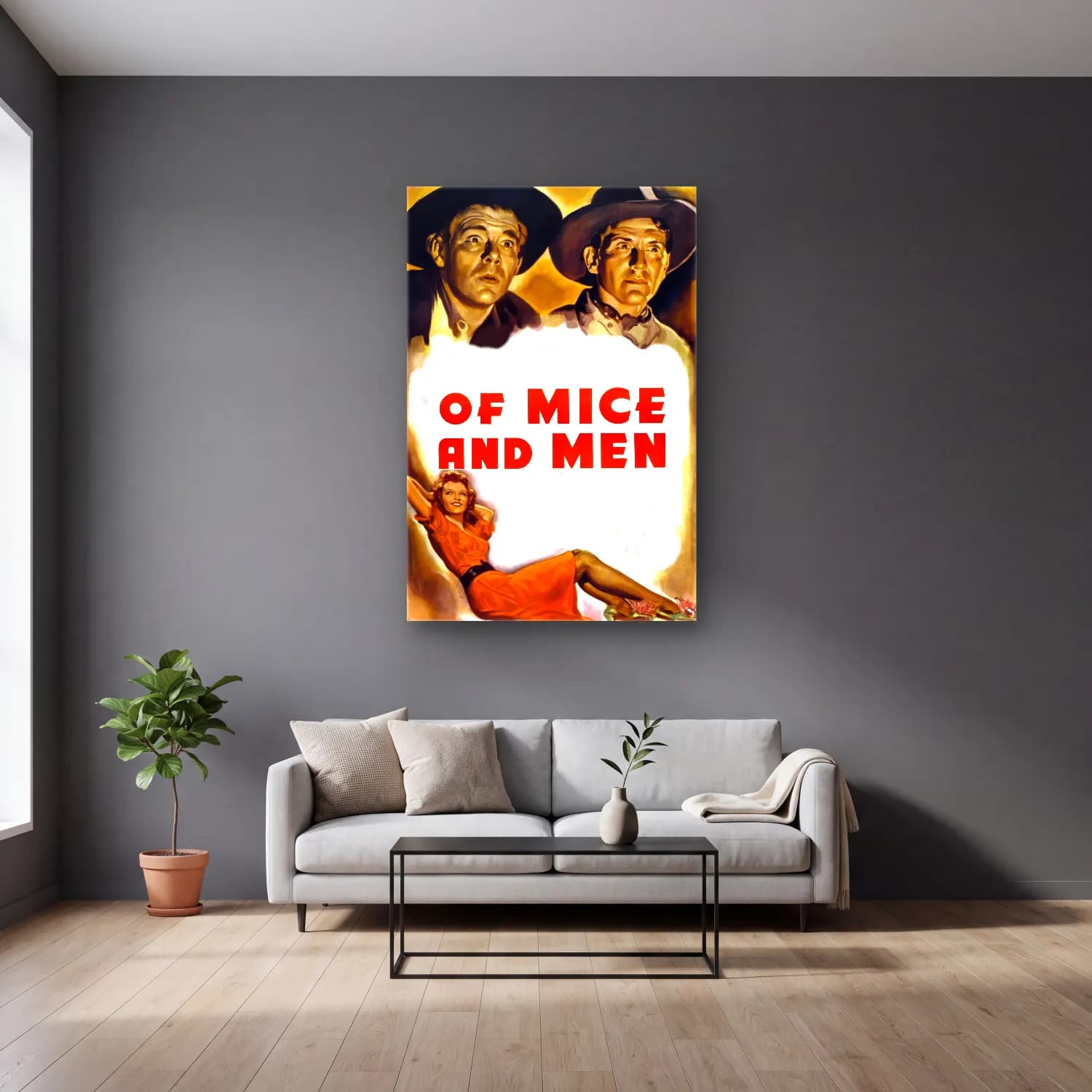 Vintage Poster Yazılı Tasarım No. 70 cam tablo — gri duvarlı salonda