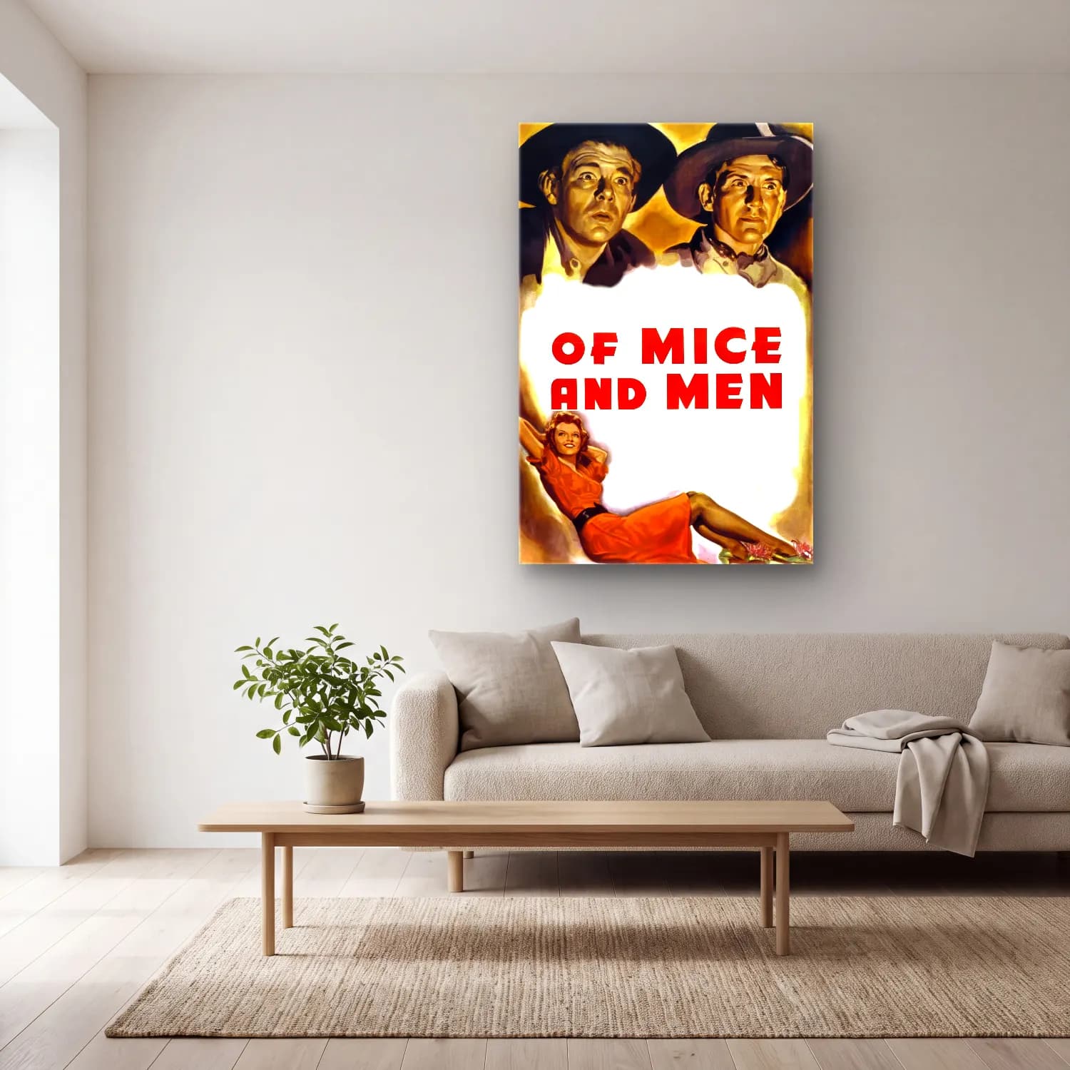 Vintage Poster Yazılı Tasarım No. 70 cam tablo — açık renk salonda
