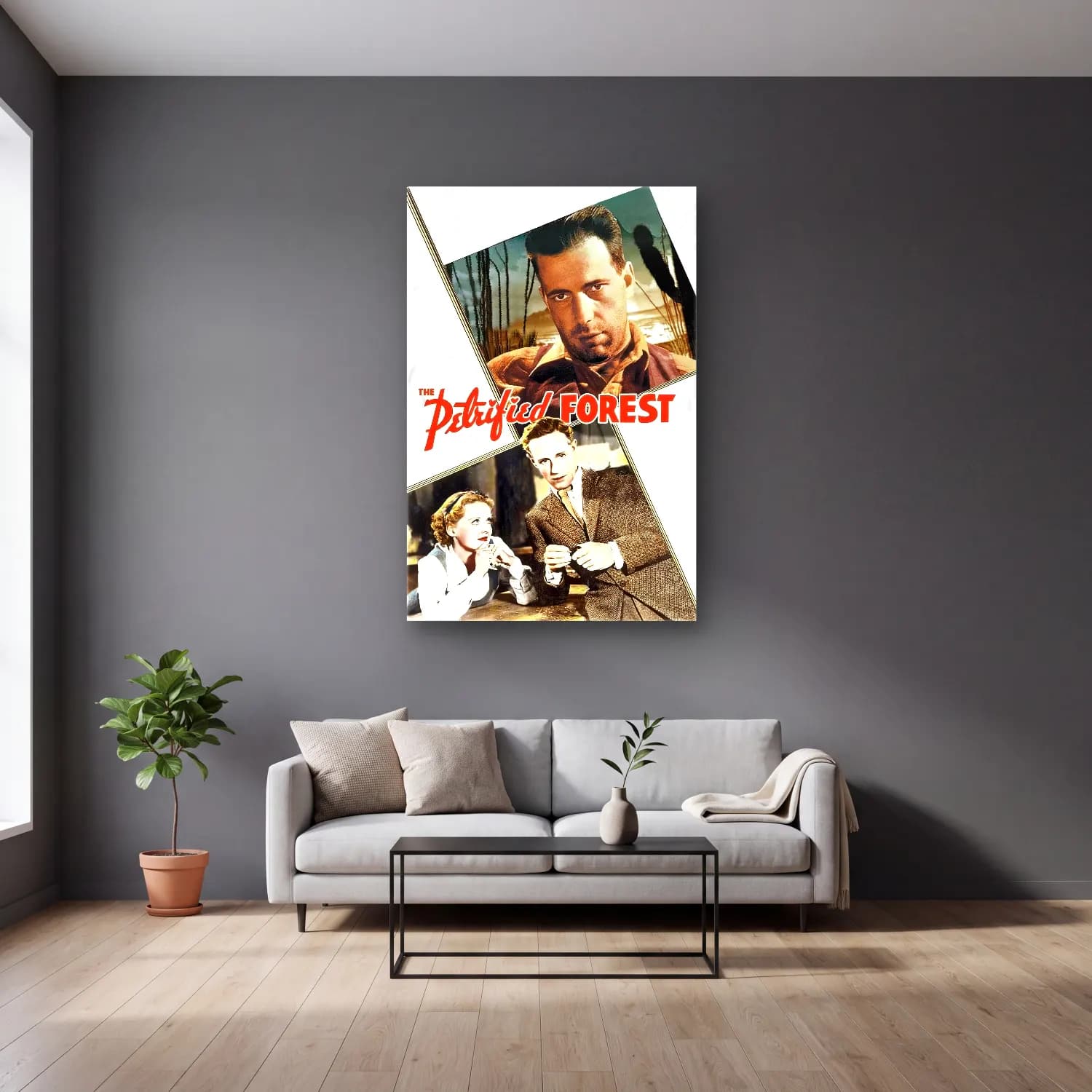 Vintage Poster Orman – Yeşil Tonlar cam tablo — gri duvarlı salonda