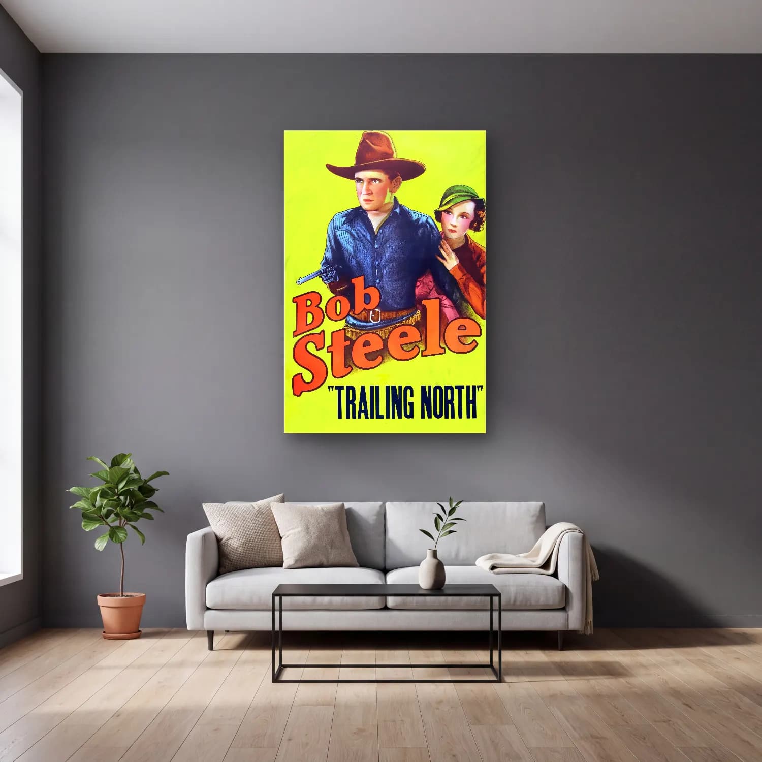 Vintage Poster Erkek Portresi No. 20 cam tablo — gri duvarlı salonda