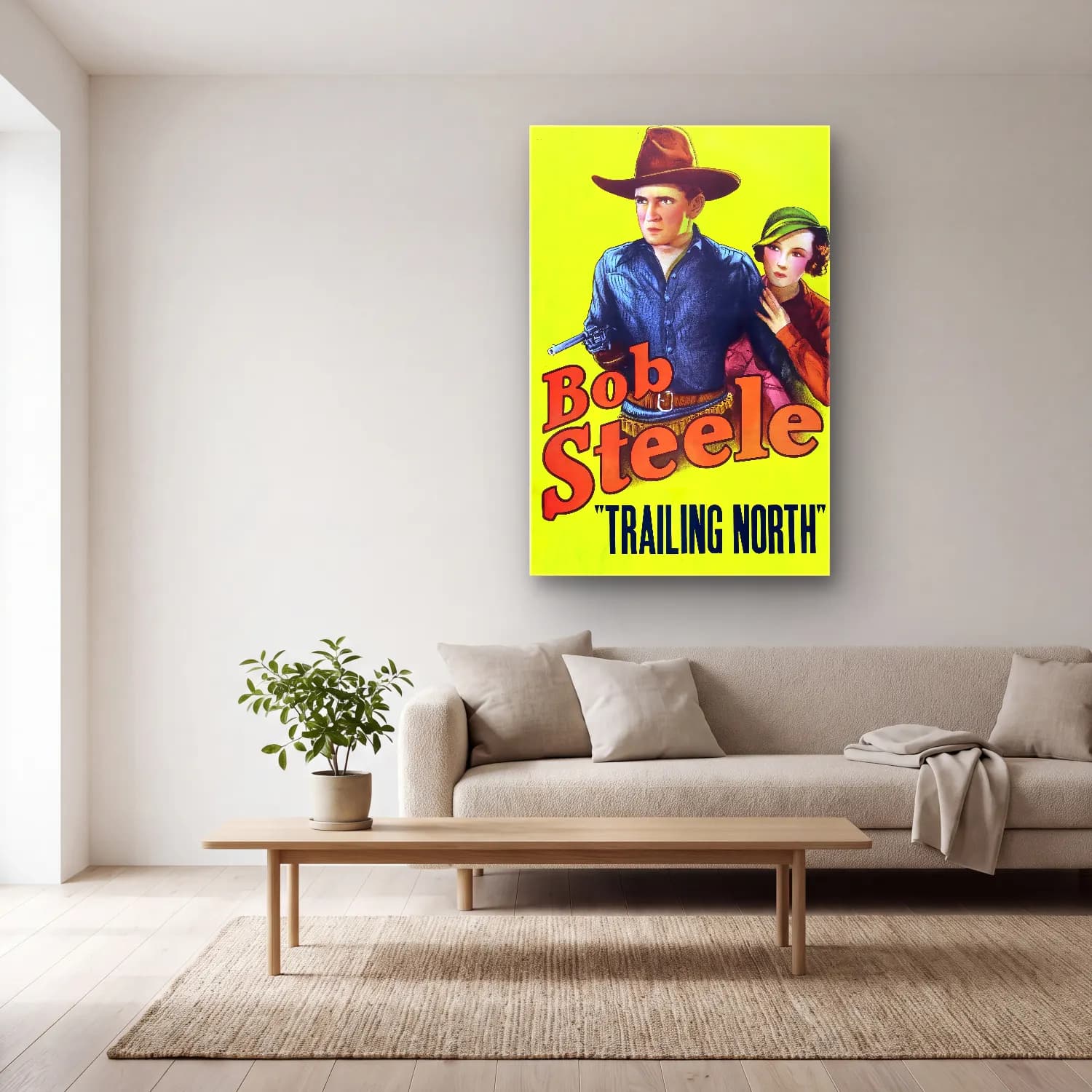 Vintage Poster Erkek Portresi No. 20 cam tablo — açık renk salonda