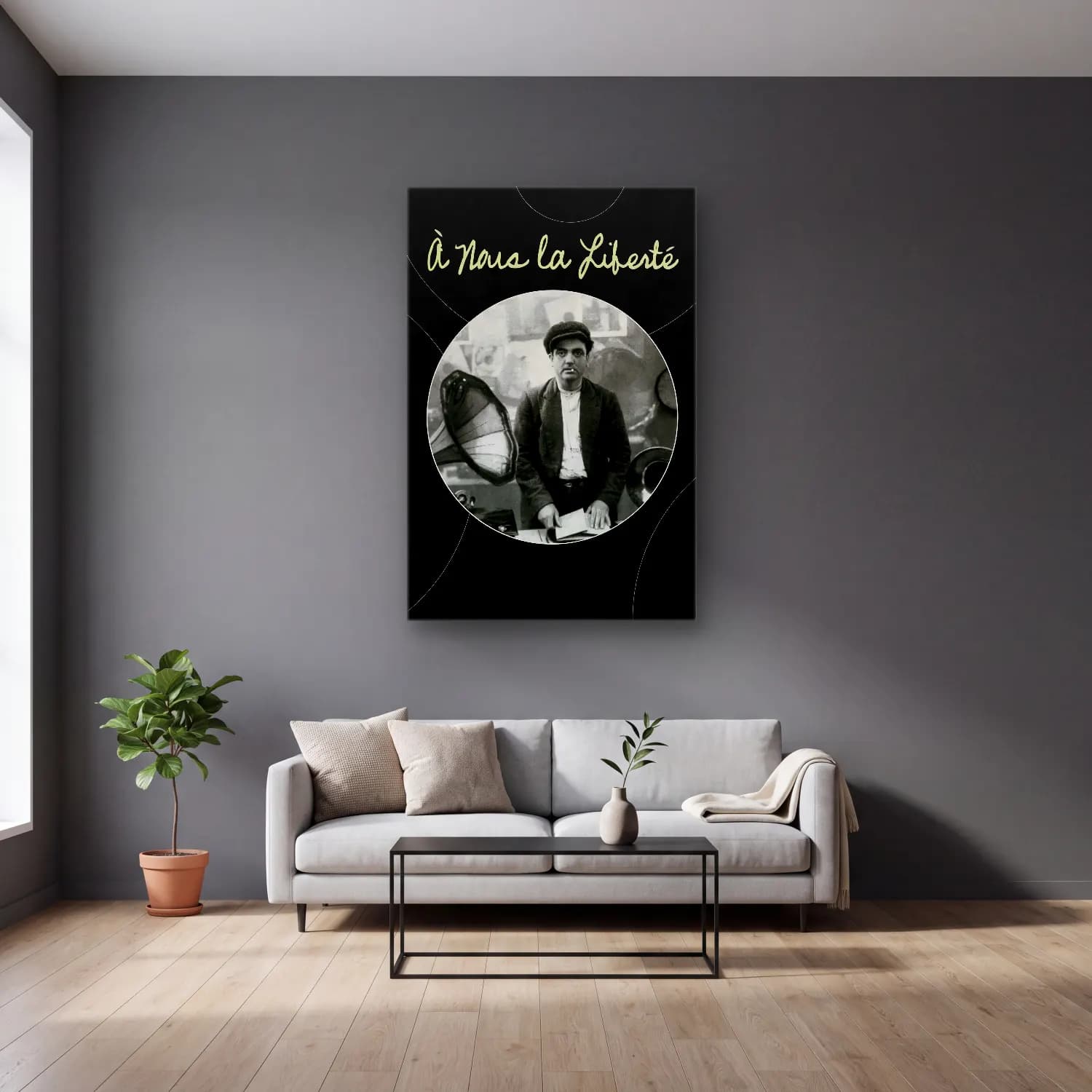 Vintage Poster Erkek Portresi No. 22 cam tablo — gri duvarlı salonda