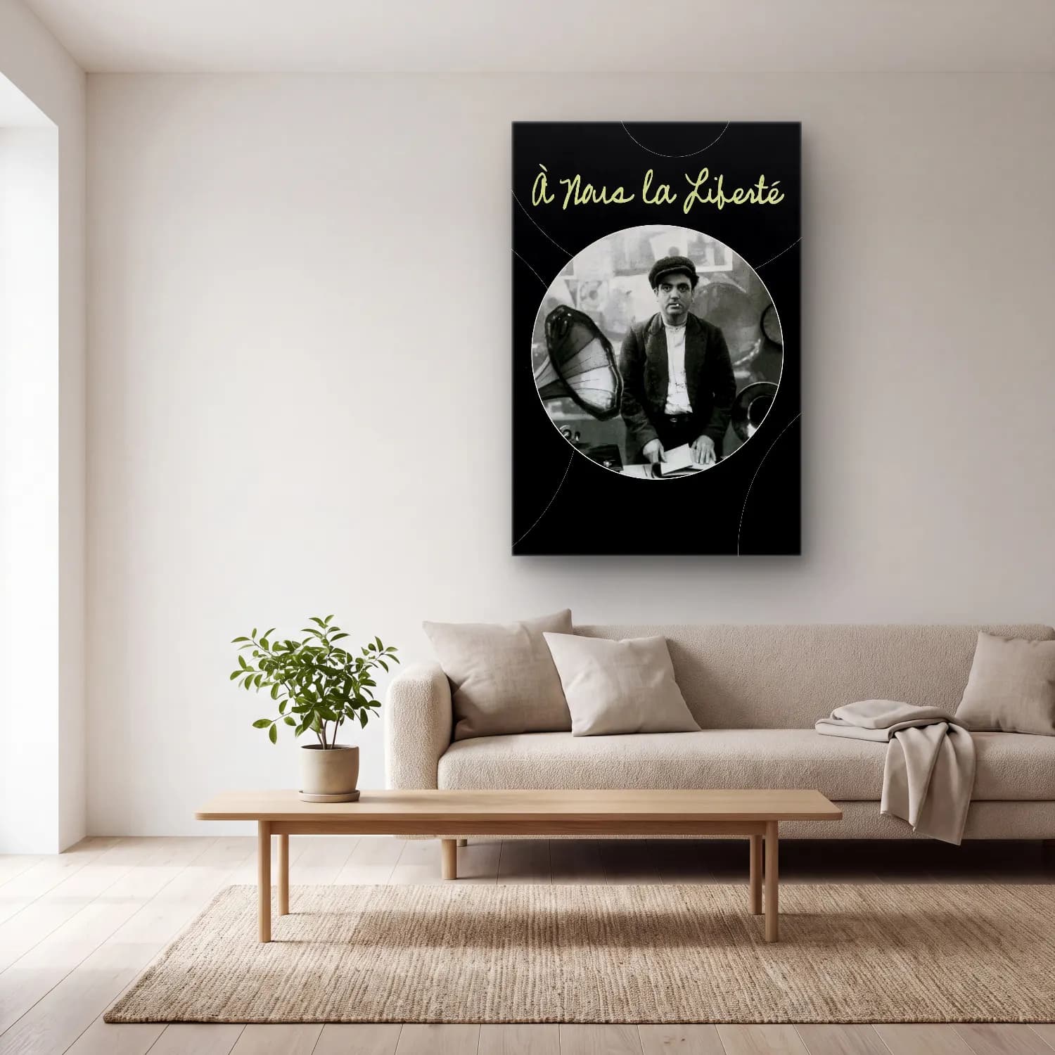 Vintage Poster Erkek Portresi No. 22 cam tablo — açık renk salonda