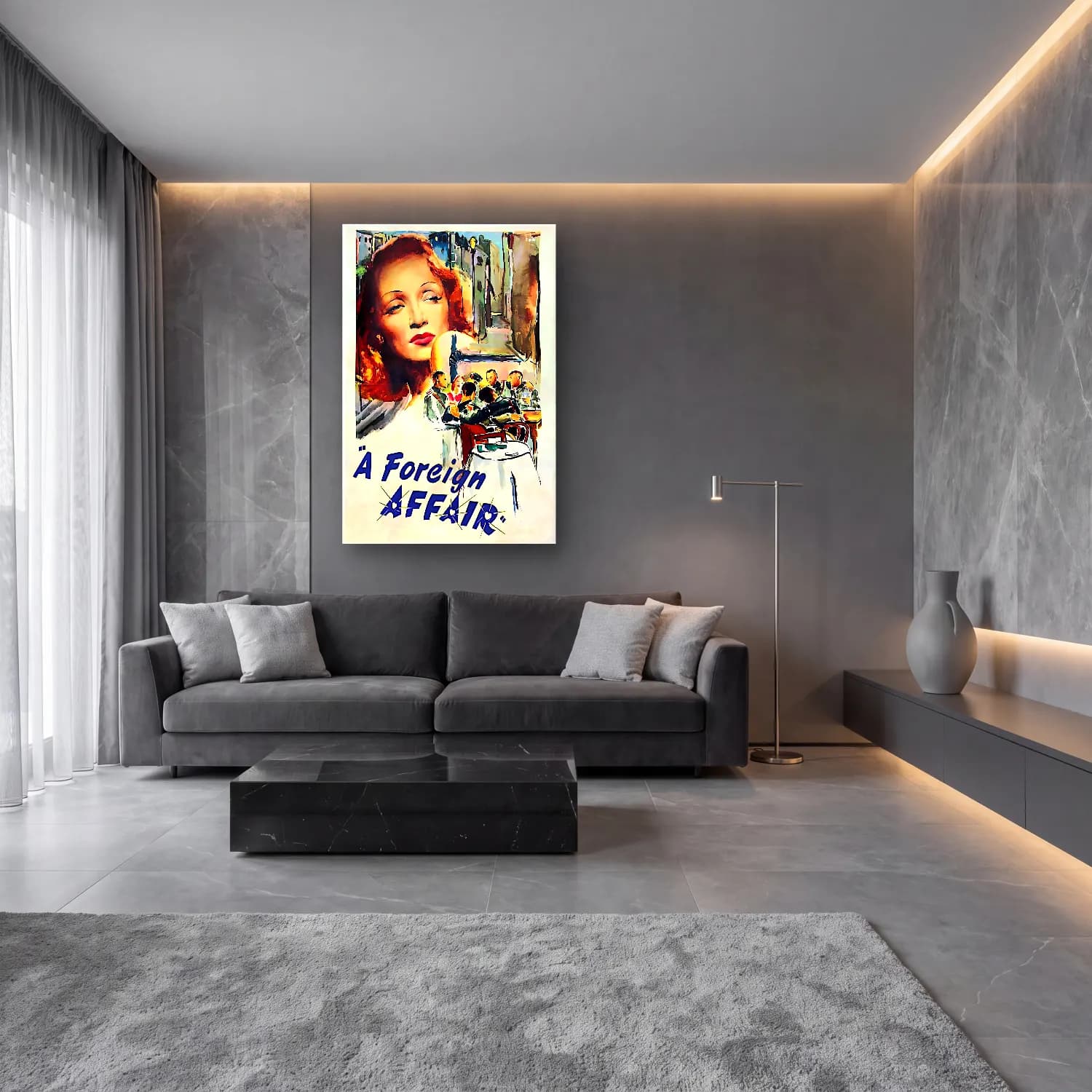 Vintage Poster Kafeli Avrupa Sokağı – Siyah Beyaz Tonlar cam tablo — lüks salon duvarında