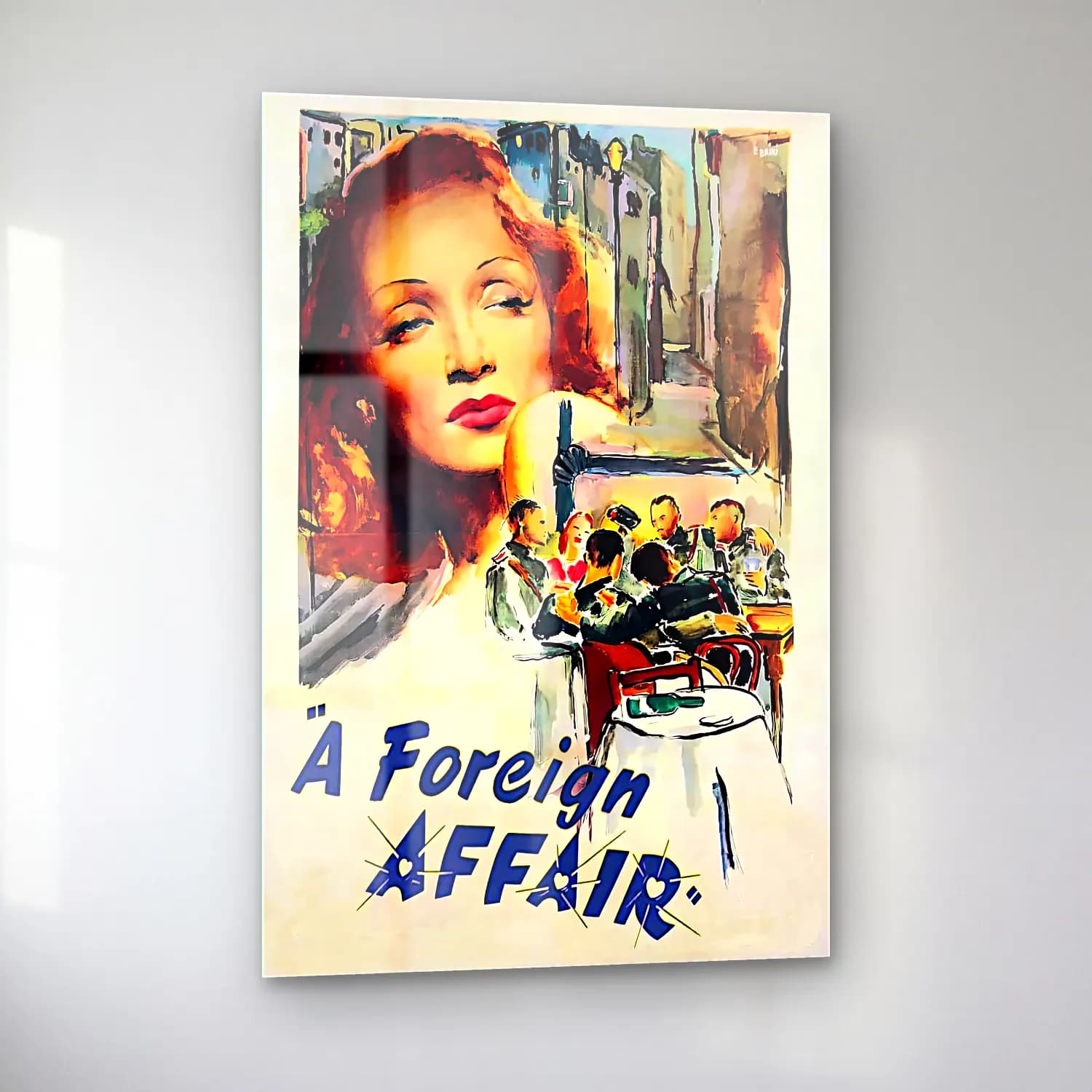 Vintage Poster Kafeli Avrupa Sokağı – Siyah Beyaz Tonlar cam tablo — sol açıdan görünüm