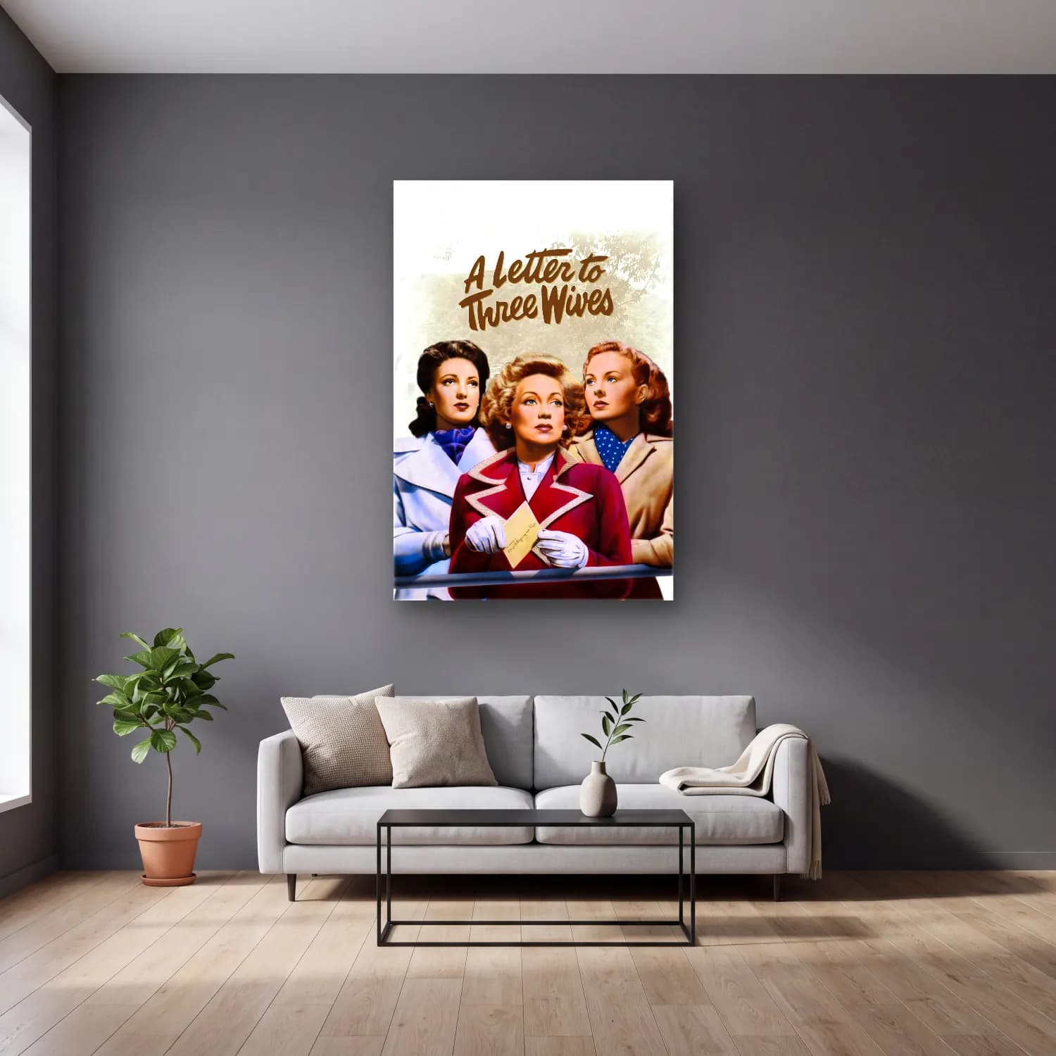 Vintage Poster Harf Posteri – Turkuaz Tonlar cam tablo — gri duvarlı salonda