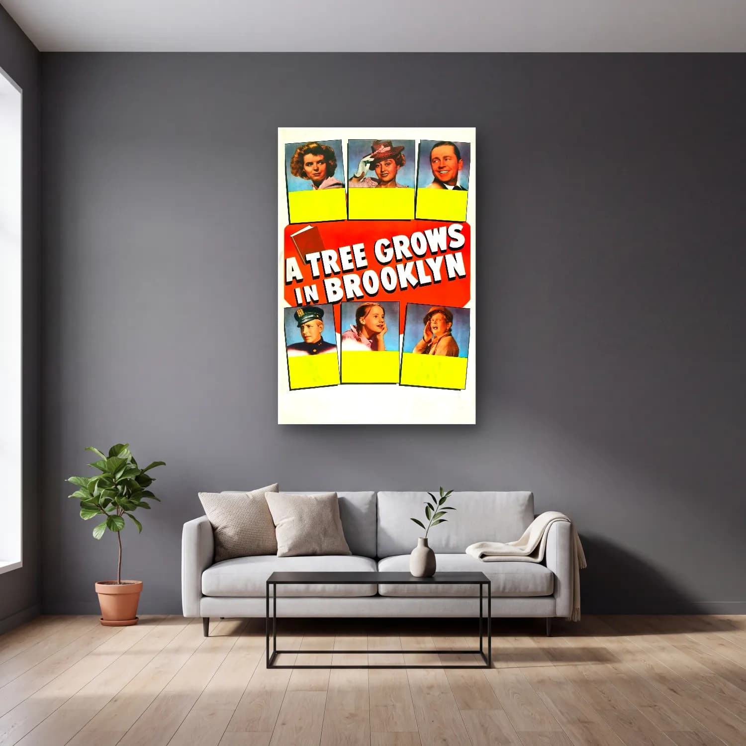 Vintage Poster Kiraz Çiçekleri – Yeşil Tonlar cam tablo — gri duvarlı salonda