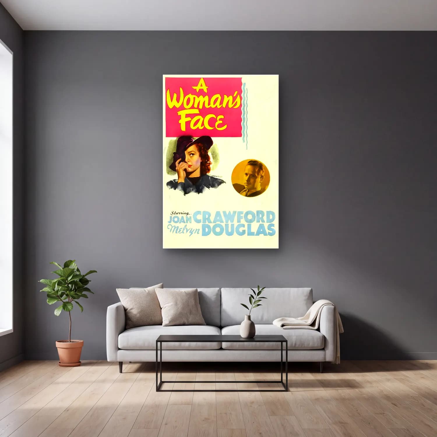 Vintage Poster Kadın Portresi – Sarı Tonlar cam tablo — gri duvarlı salonda