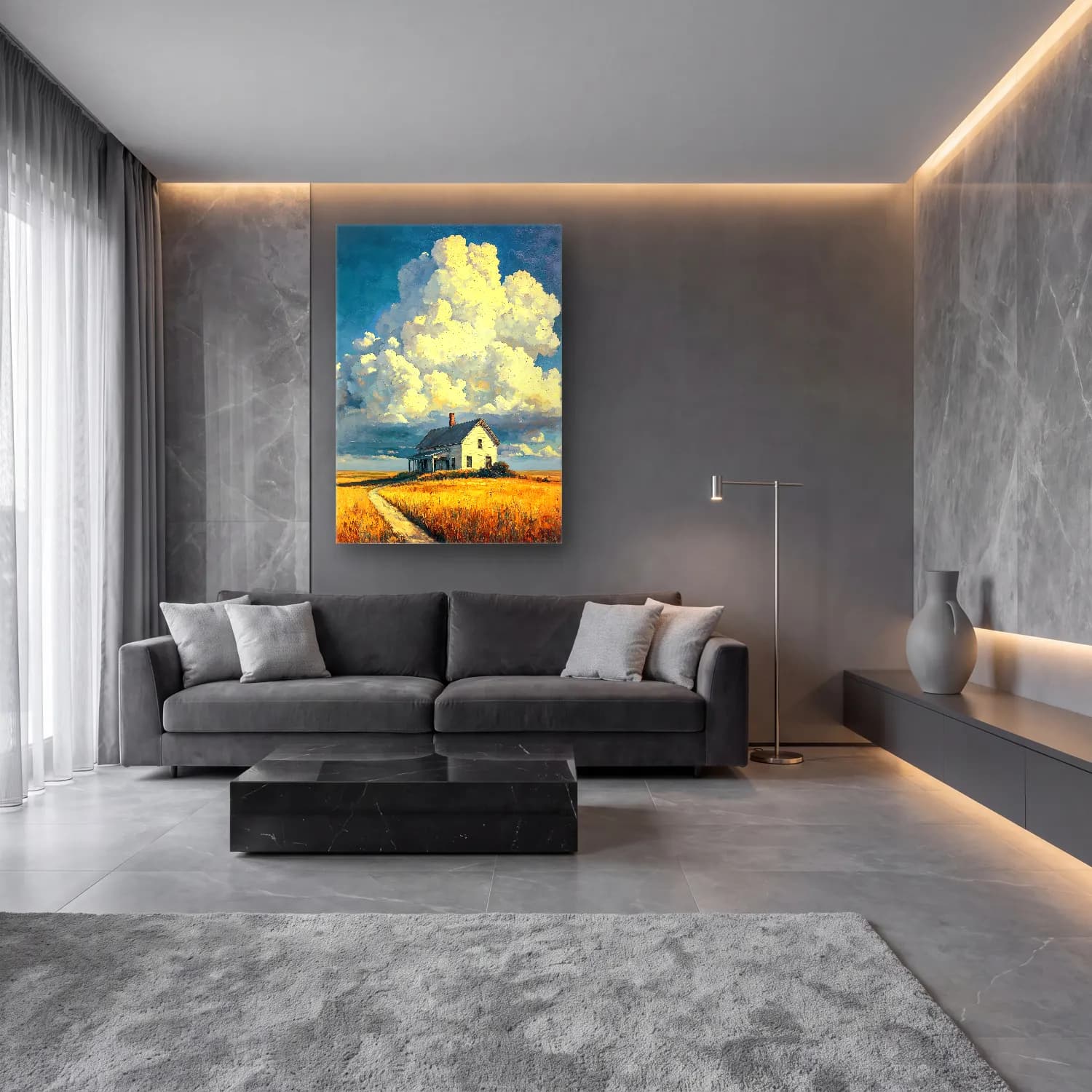 Yağlı Boya Kır Evi No. 76 cam tablo — lüks salon duvarında