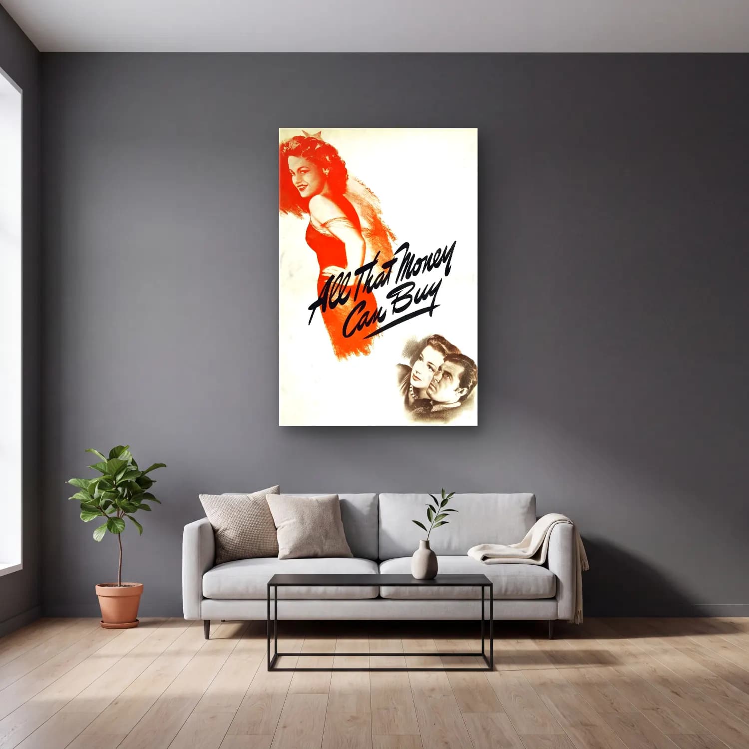 Vintage Poster Yazılı Tasarım No. 72 cam tablo — gri duvarlı salonda