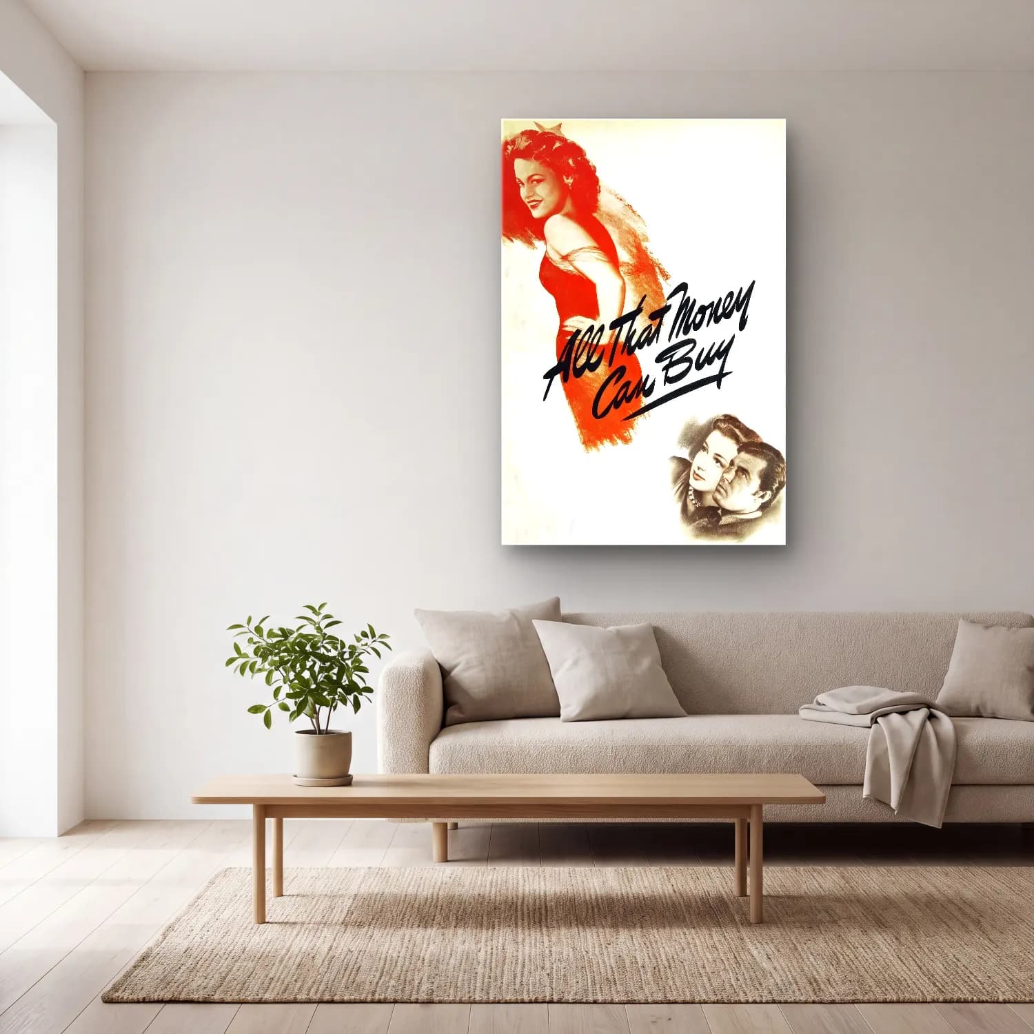 Vintage Poster Yazılı Tasarım No. 72 cam tablo — açık renk salonda