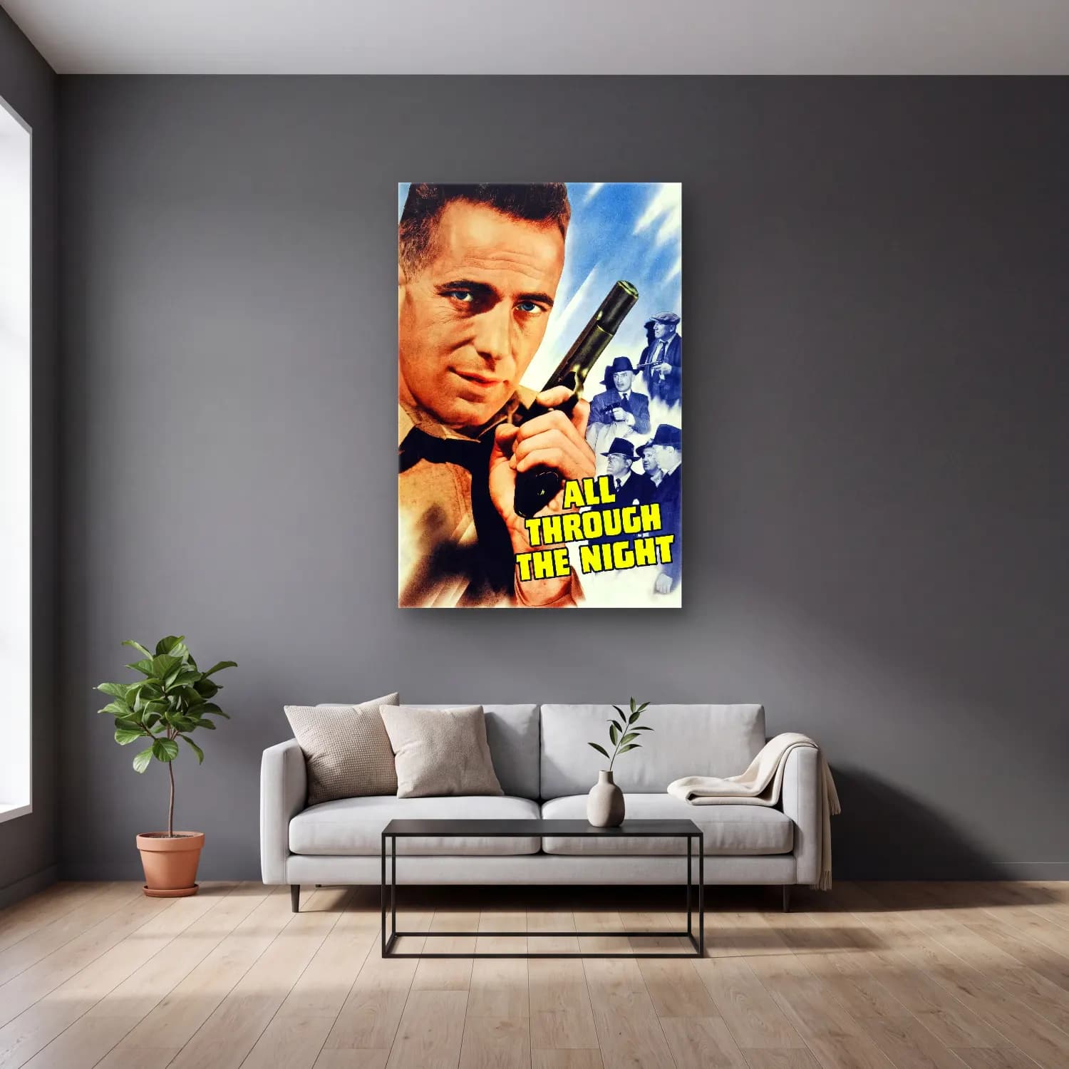 Vintage Poster Erkek Portresi No. 23 cam tablo — gri duvarlı salonda