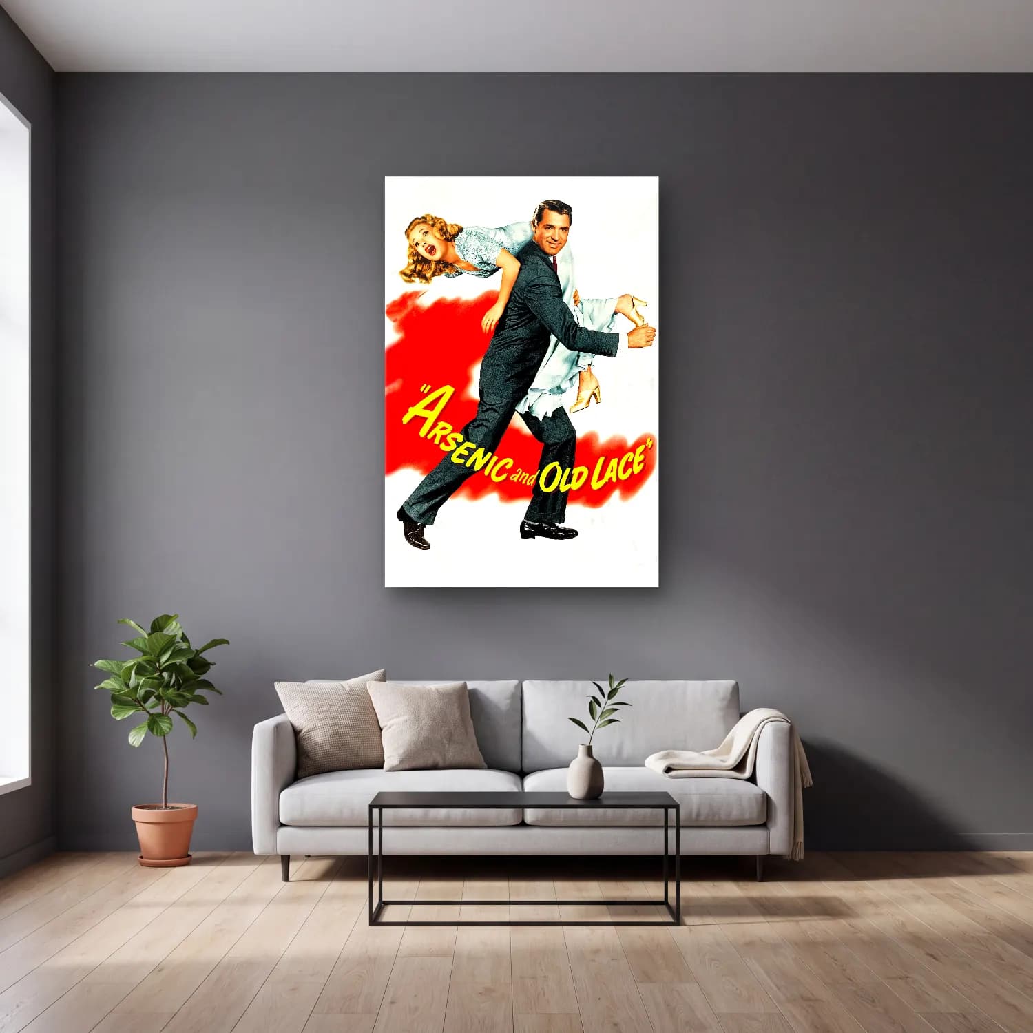 Vintage Poster Yazılı Tasarım No. 73 cam tablo — gri duvarlı salonda