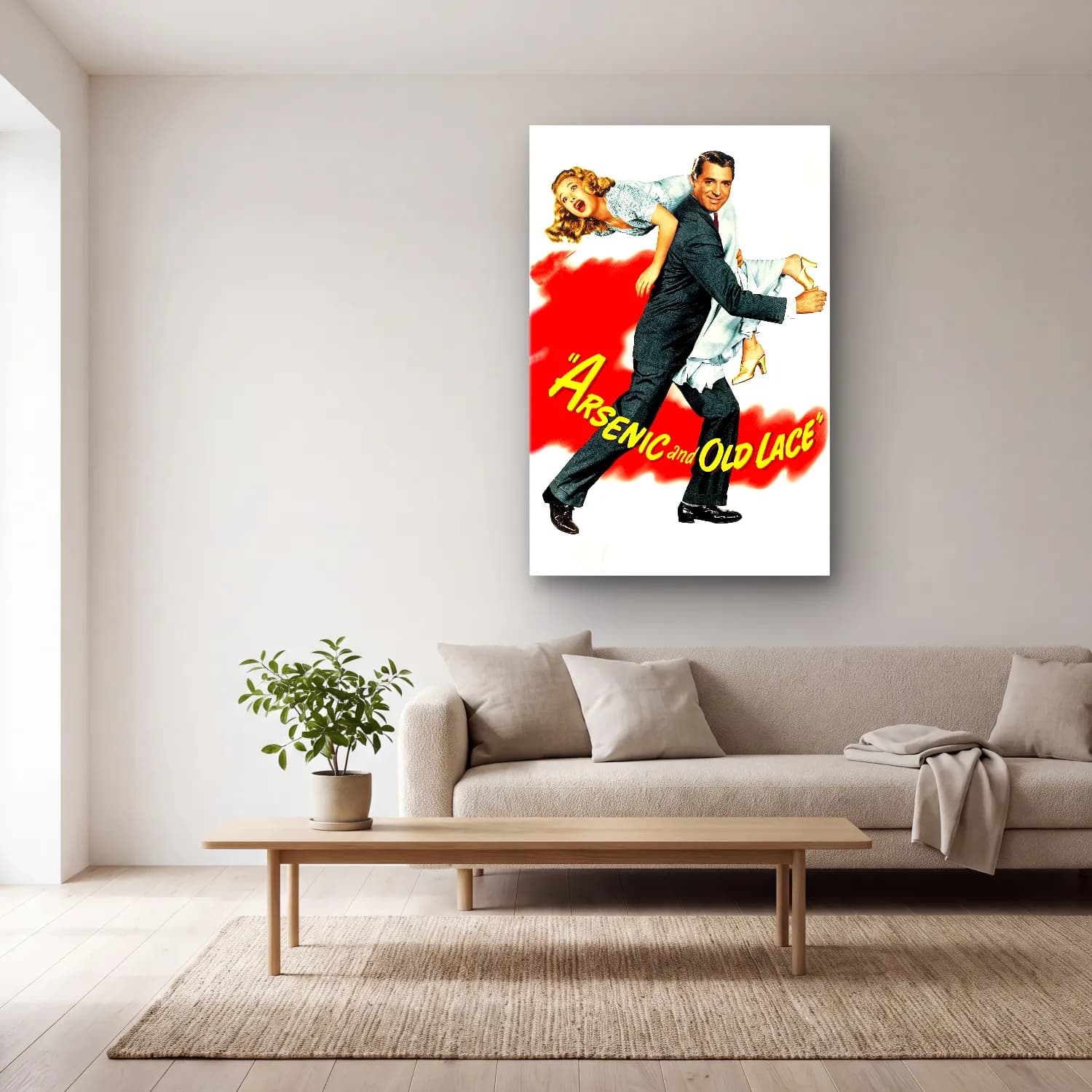 Vintage Poster Yazılı Tasarım No. 73 cam tablo — açık renk salonda